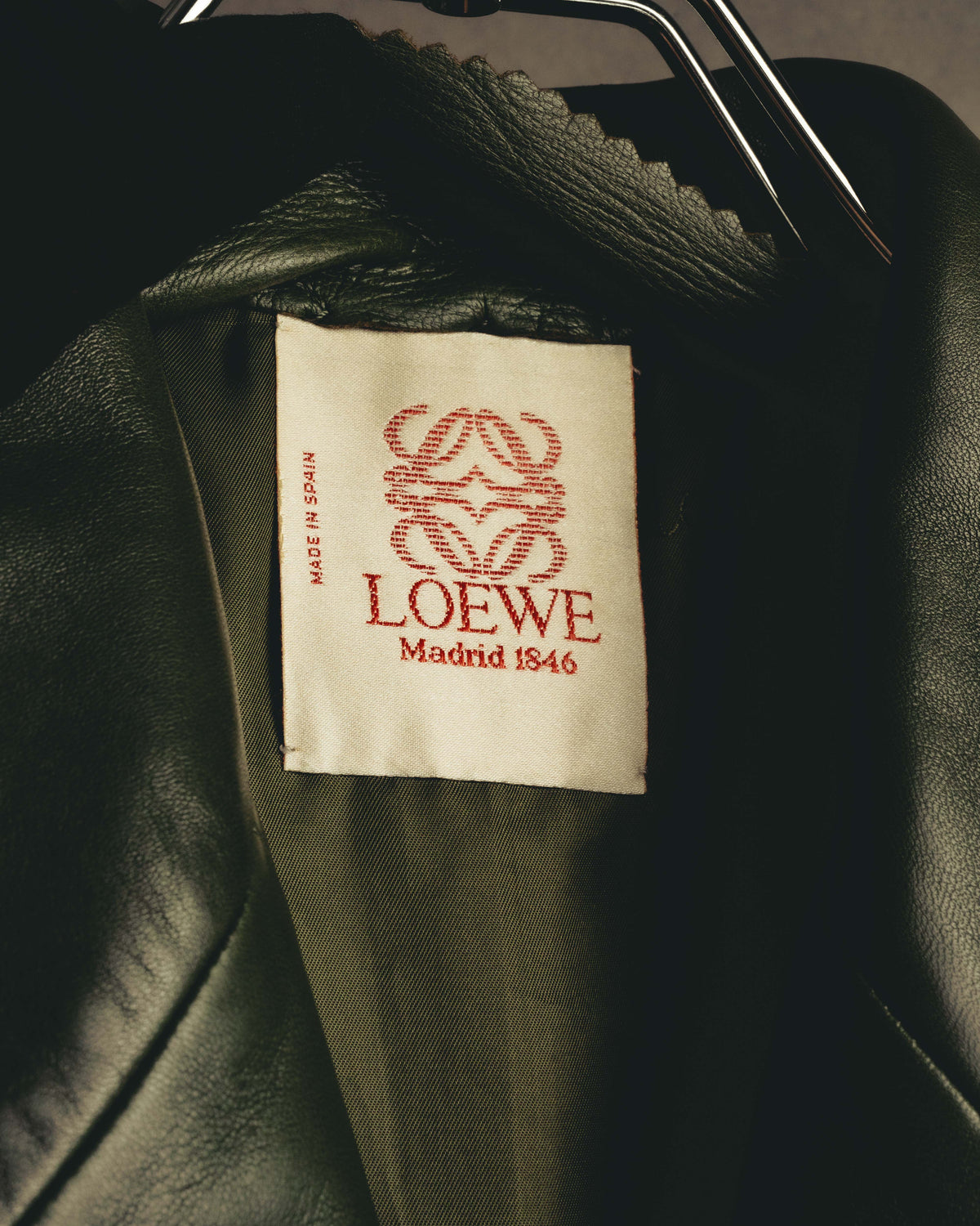 -SPECIAL- “LOEWE” 80’s-90’s Gold buttoned olive leather double-breasted tailored jacket