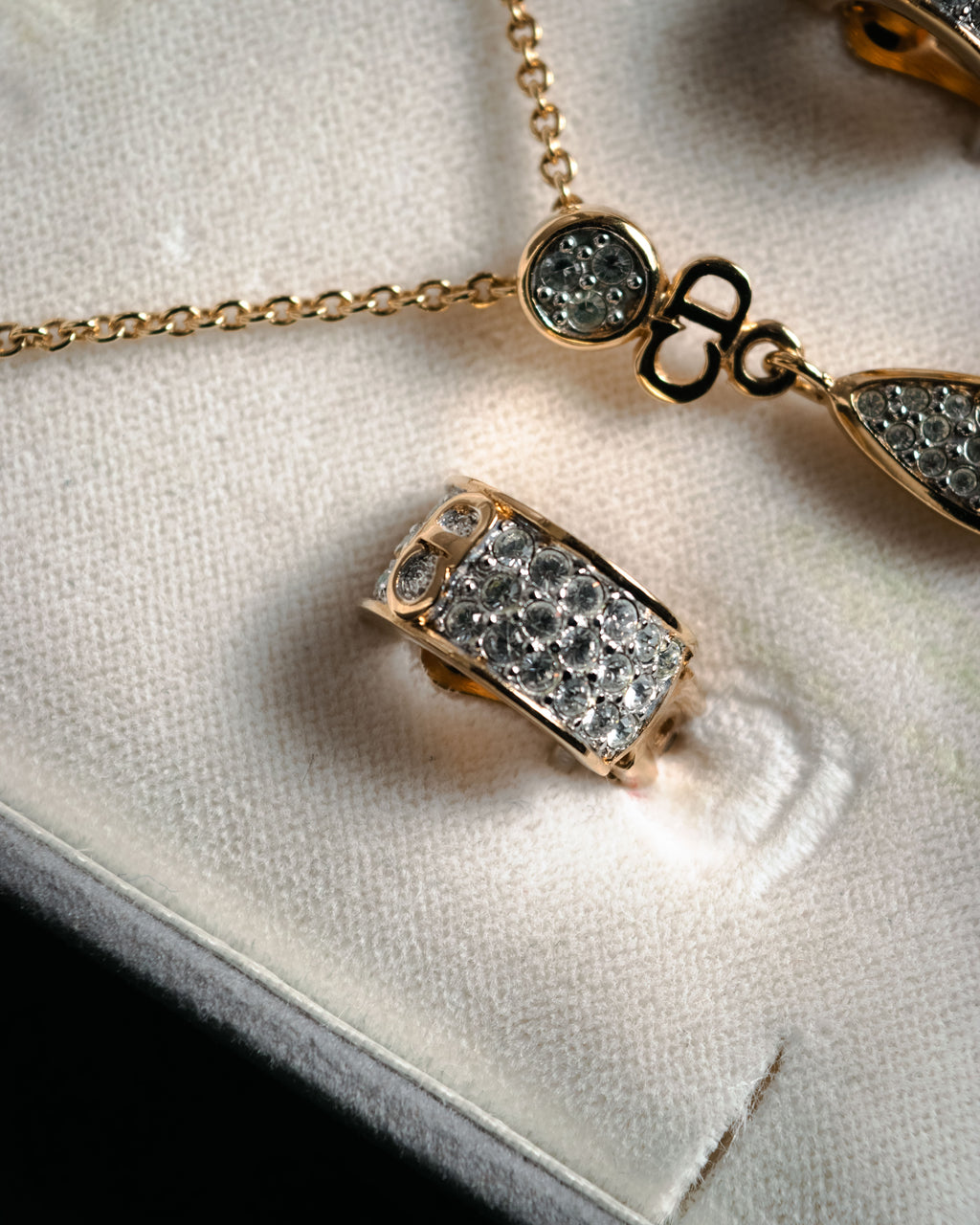 "Christian Dior" 00’s crystal pave cd drop necklace and earrings set
