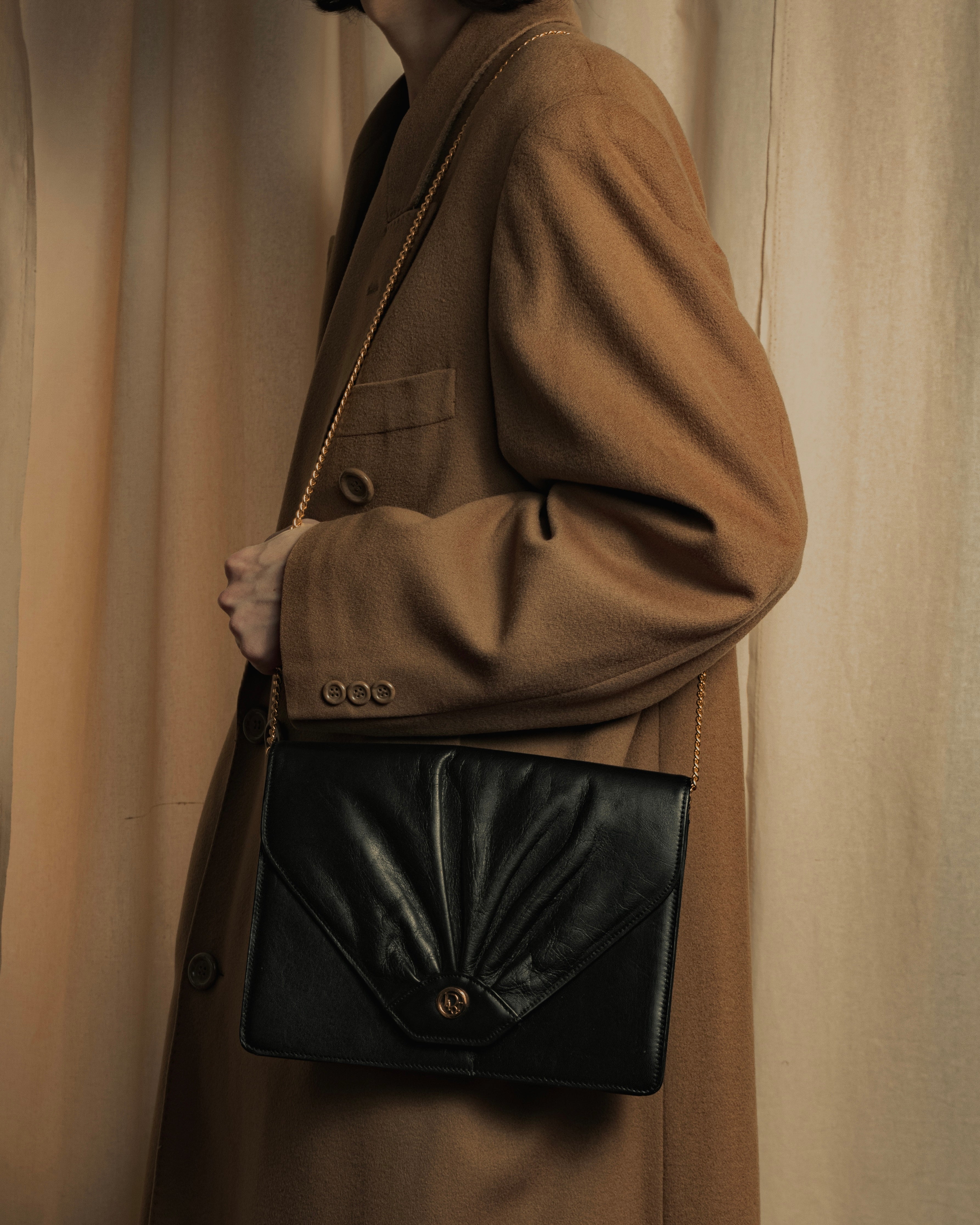 "Christian Dior" 70's-80's Radial drape design gold chain leather shoulder bag