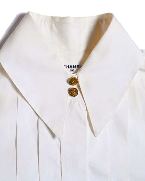 CHANEL/  Front Pleats Designed Fly Front Shirt with Gold CC Button