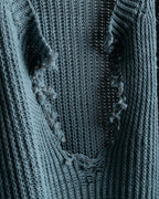 "KENZO" Dull blue oversized distressed V-neck knit