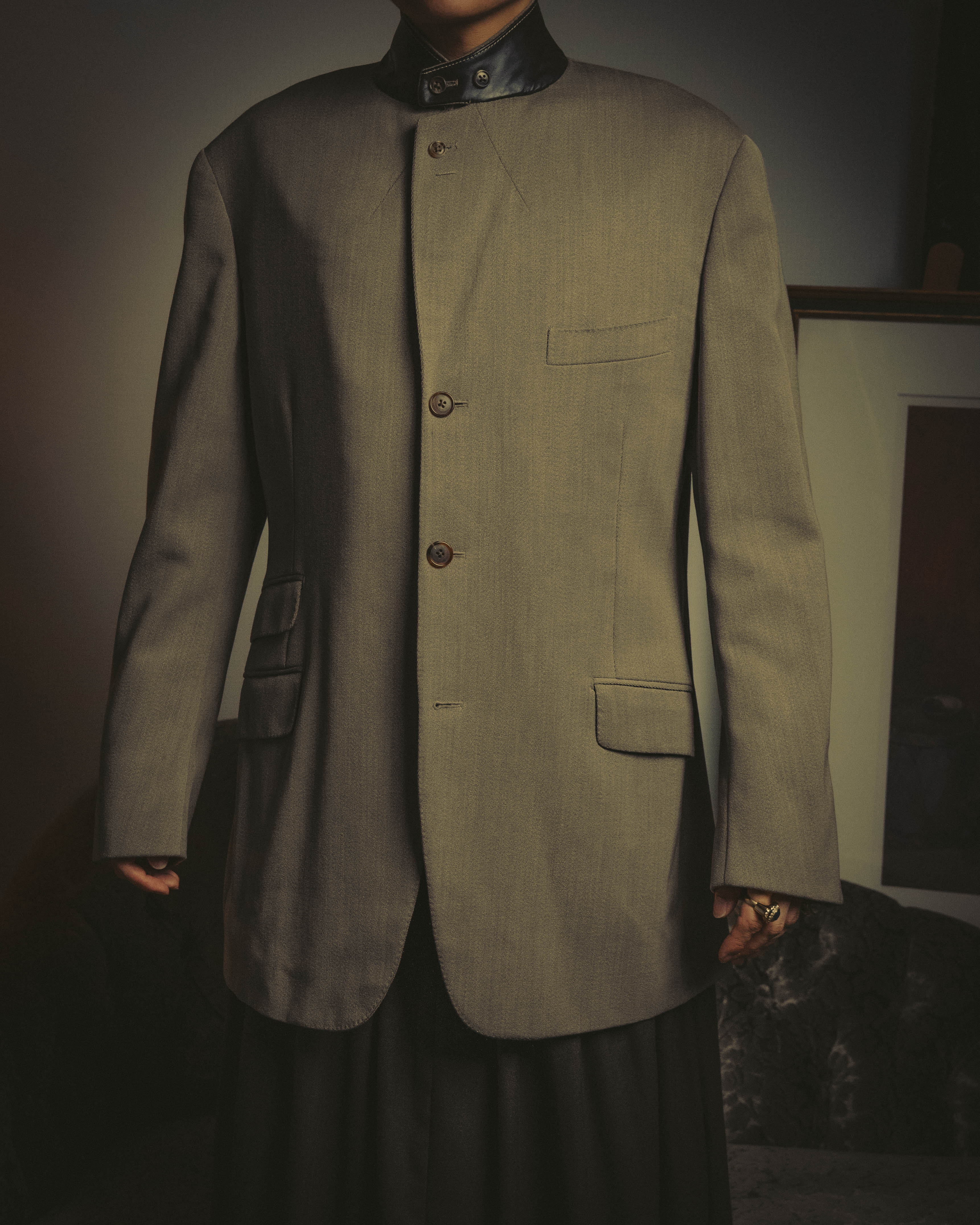 -SPECIAL- "Hermès" 80's-00's Leather collar tailored blazer