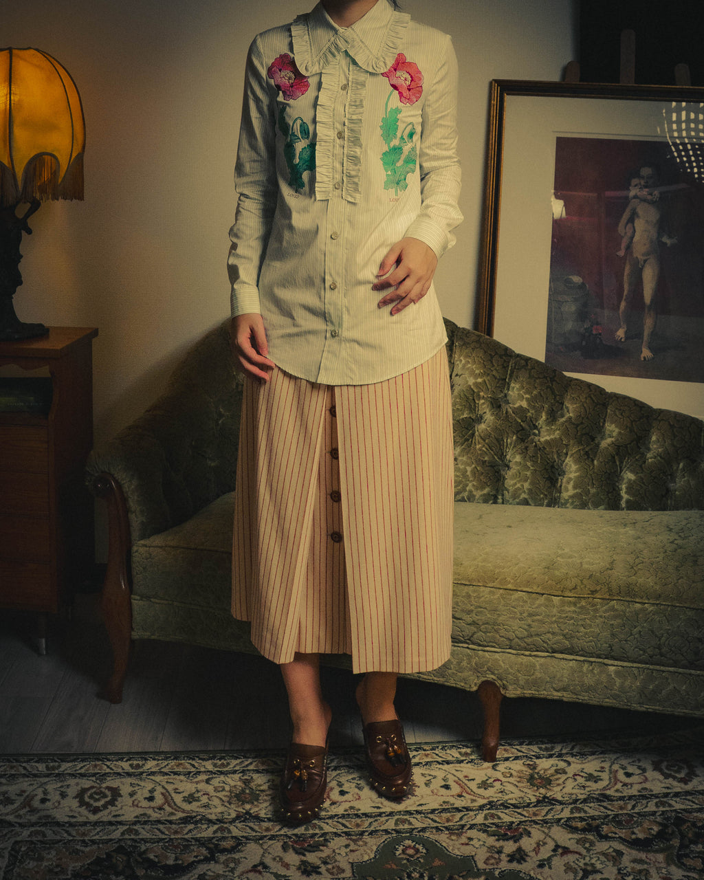 -SPECIAL- “GUCCI” 2017-2019 Floral embroidered ruffled striped shirt