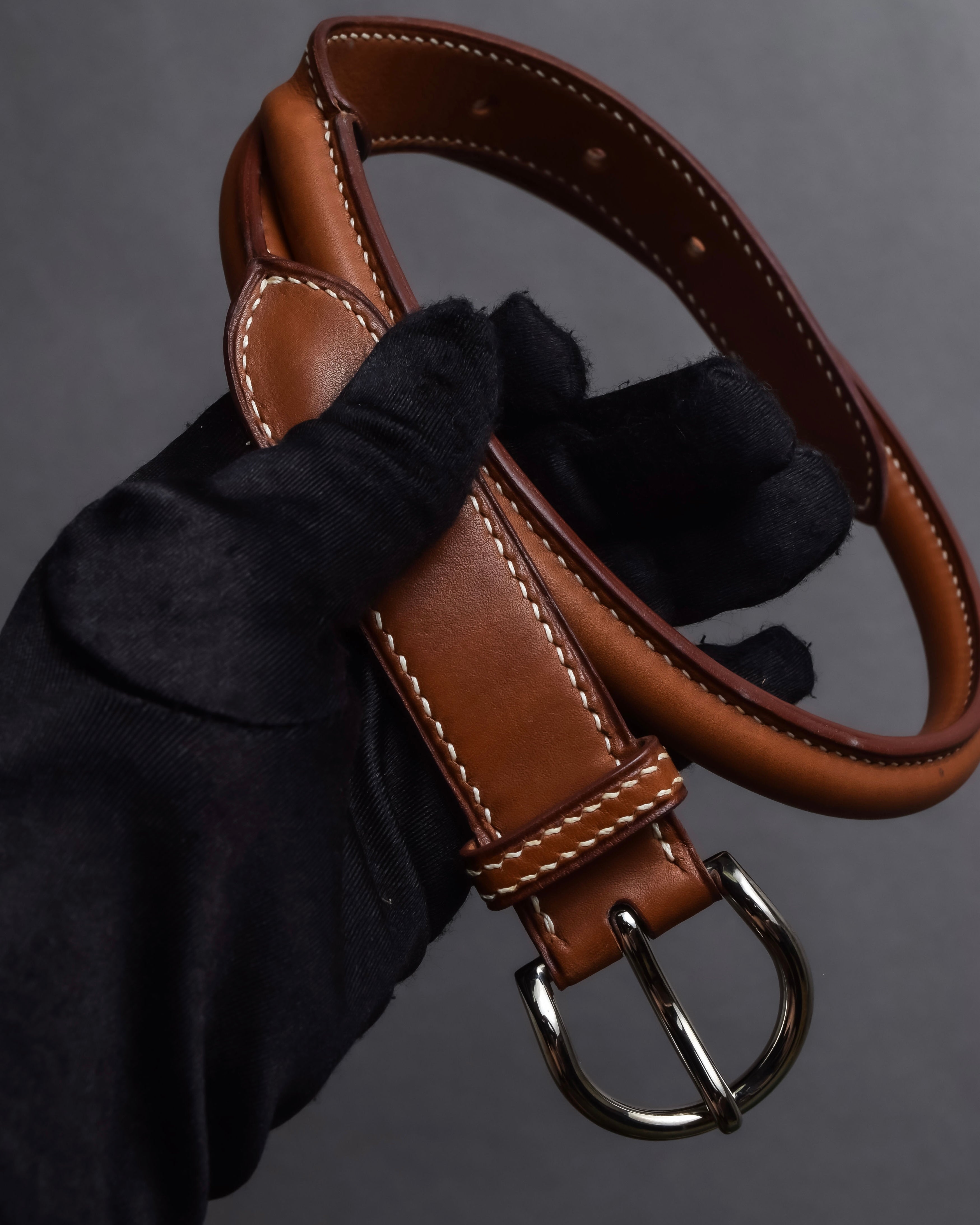 "HERMES" Hand stitched contrast saddle leather belt