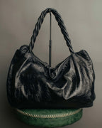 "Salvatore Ferragamo" 00's Vintage crushed patent leather braided handle hobo bag