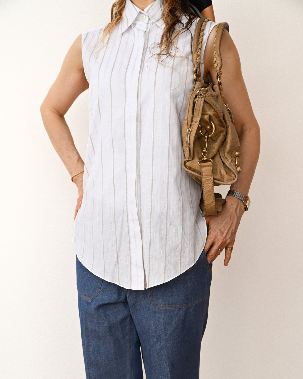 CHANEL/ 2003 Fly Front Design Striped No Sleeve Shirt White