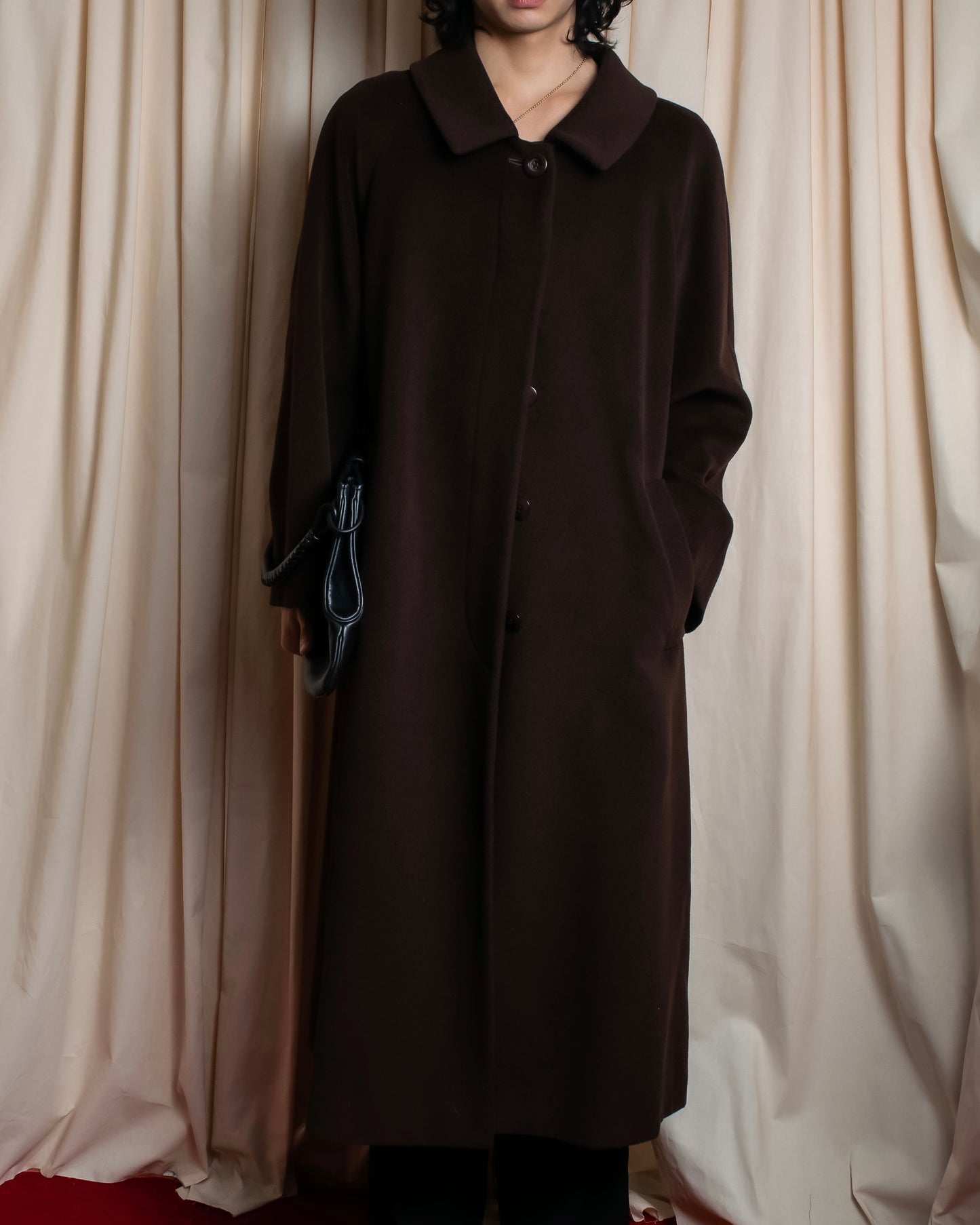 "BURBERRYS" Fly front deep brown soutien collar super long coat