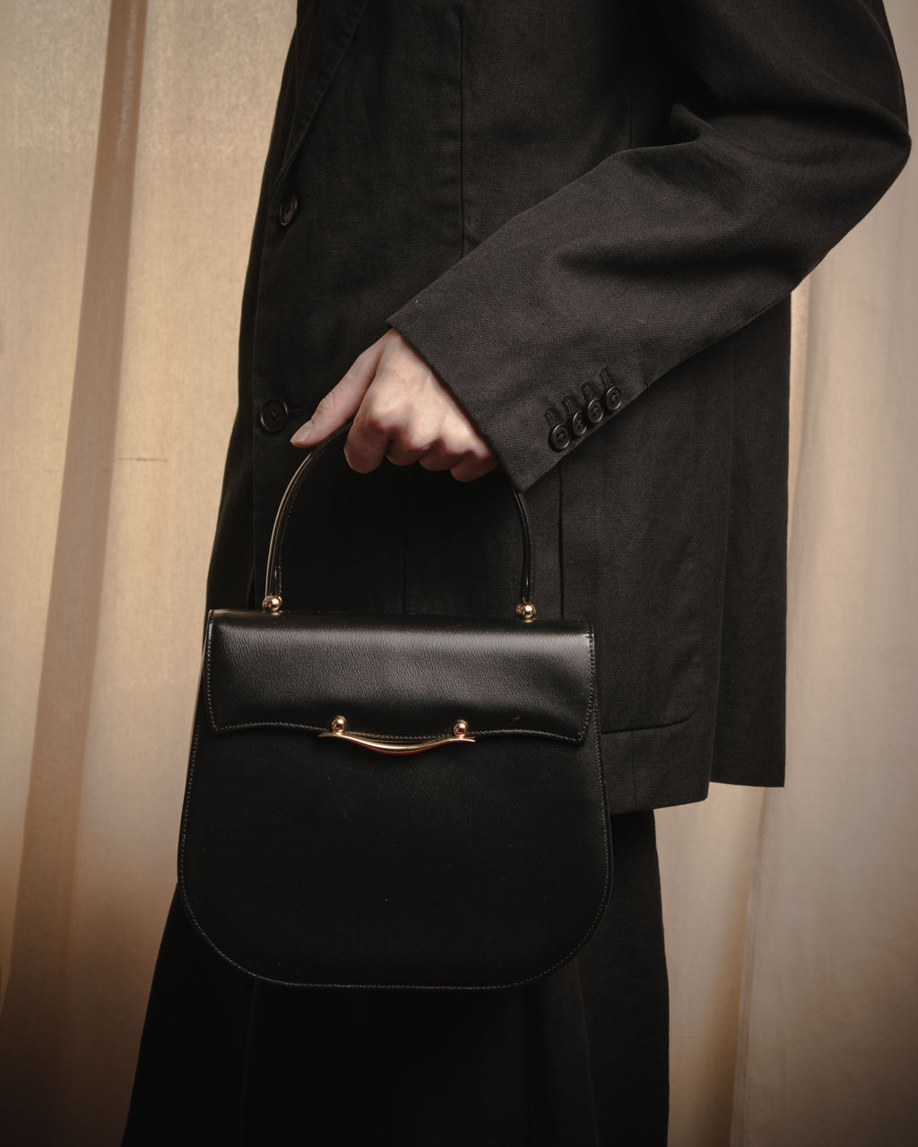 "PIERRE BALMAIN" 80’s-90’s box calf gold bar top handle bag