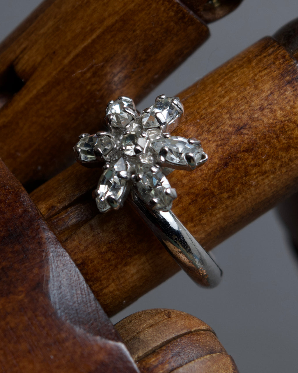"Christian Dior" Flower motif rhinestone silver ring