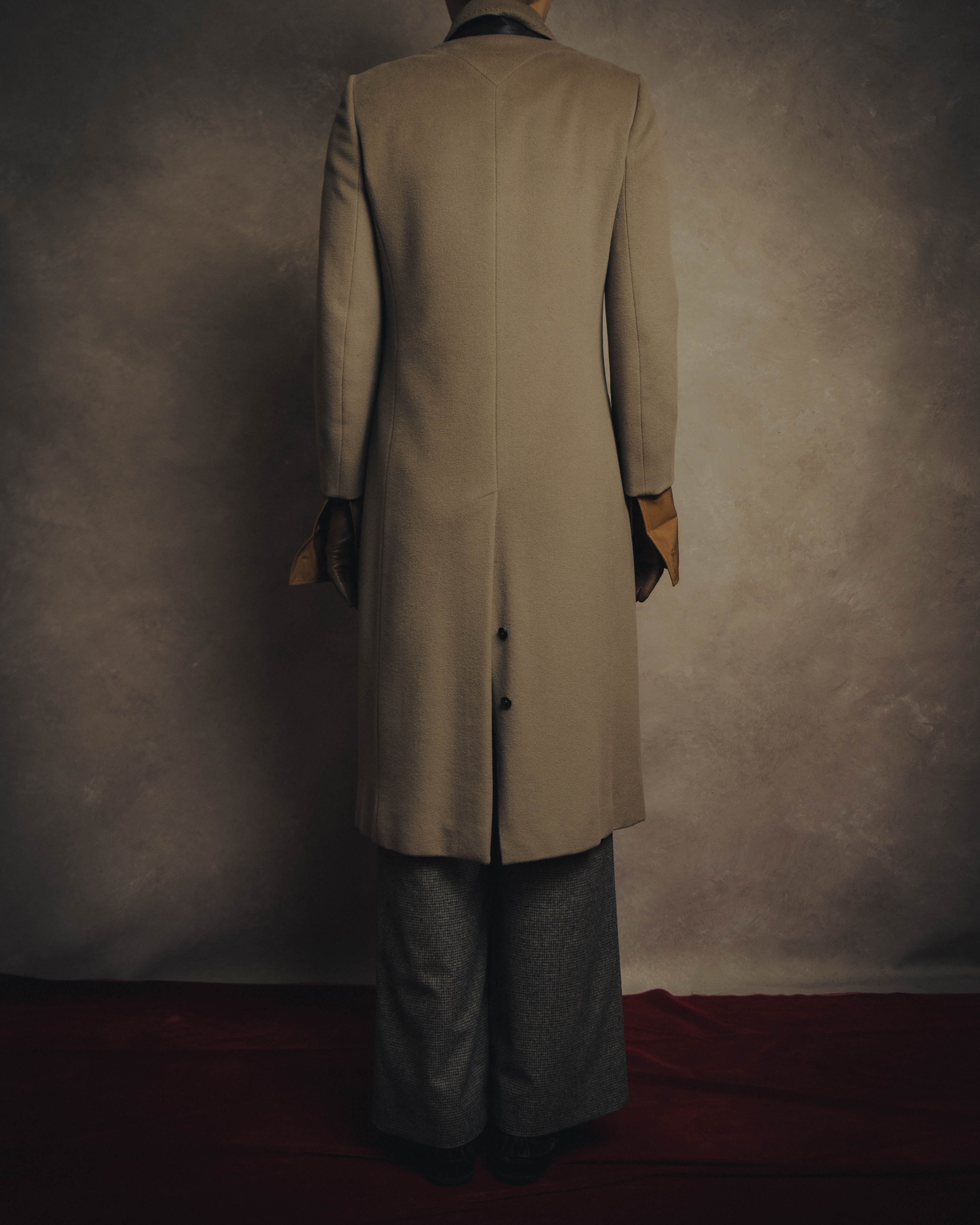 -SPECIAL- "FENDI" 90's-00's Cashmere blend long coat with leather contrast