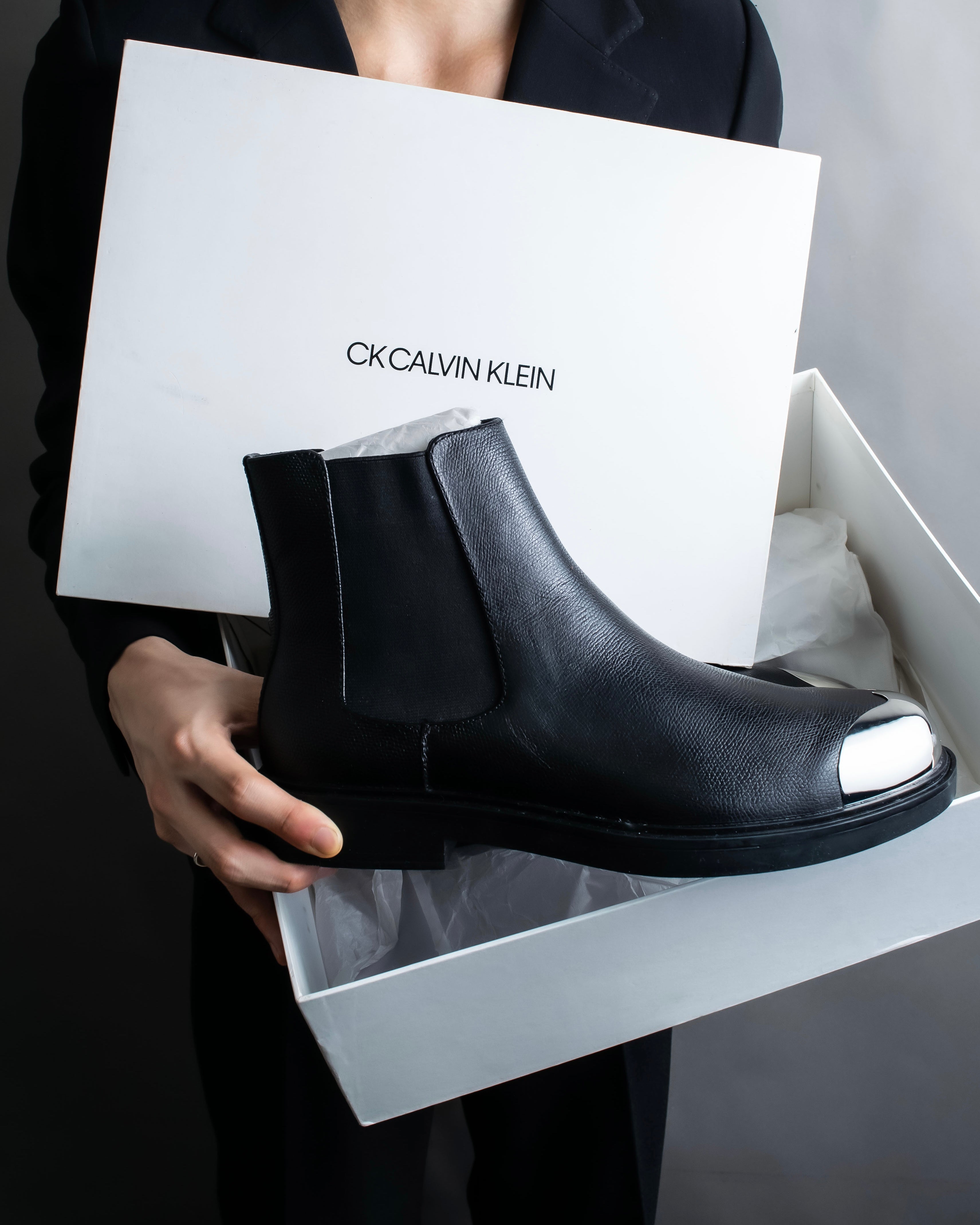 CALVIN KLEIN Silver metal toe cap side gore boots MOOD