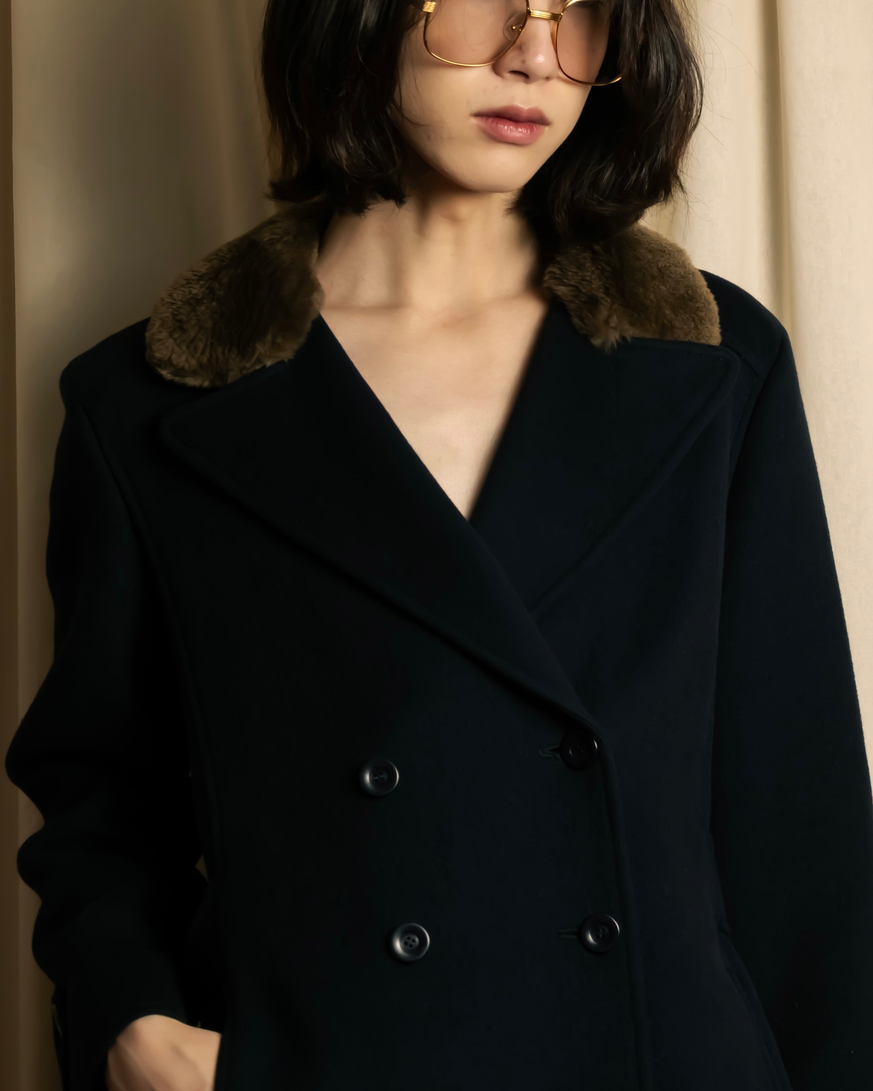"VALENTINO" Fur collar double-breasted wool coat