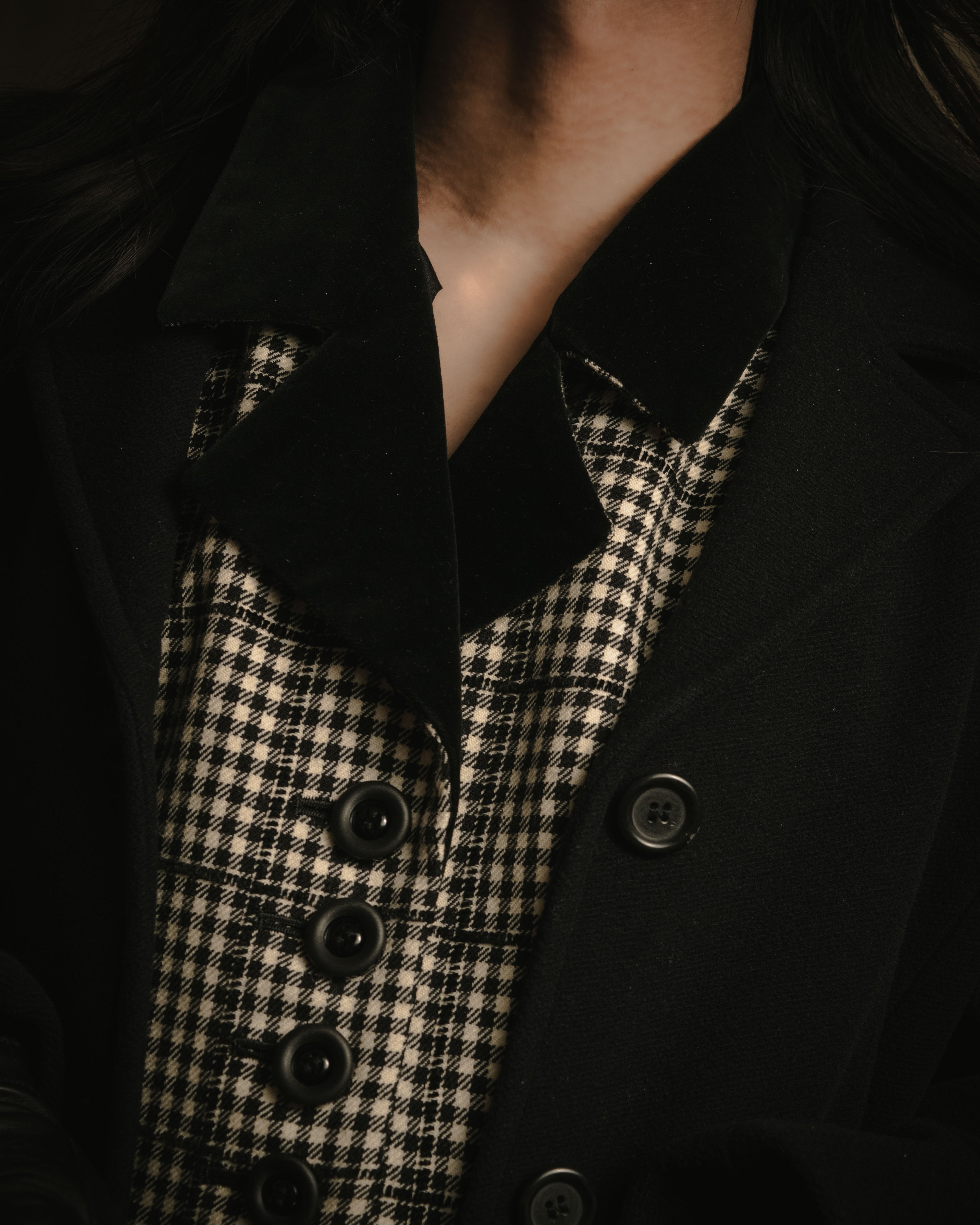 –SPECIALS– "Yves Saint Laurent" 90’s Mid gingham check velvet lapel tailored vest