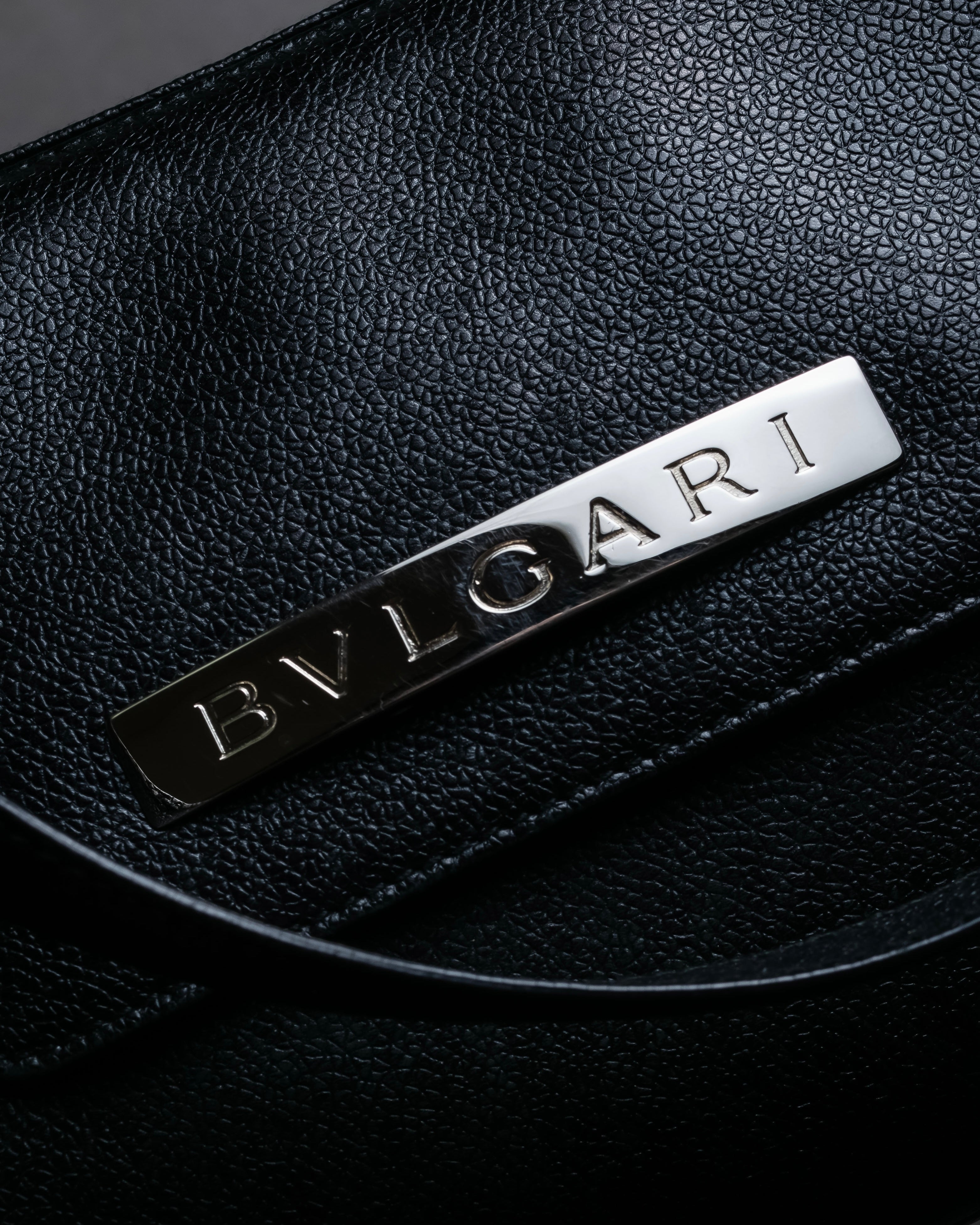 "BVLGARI" Horizontal form engraved logo leather bag