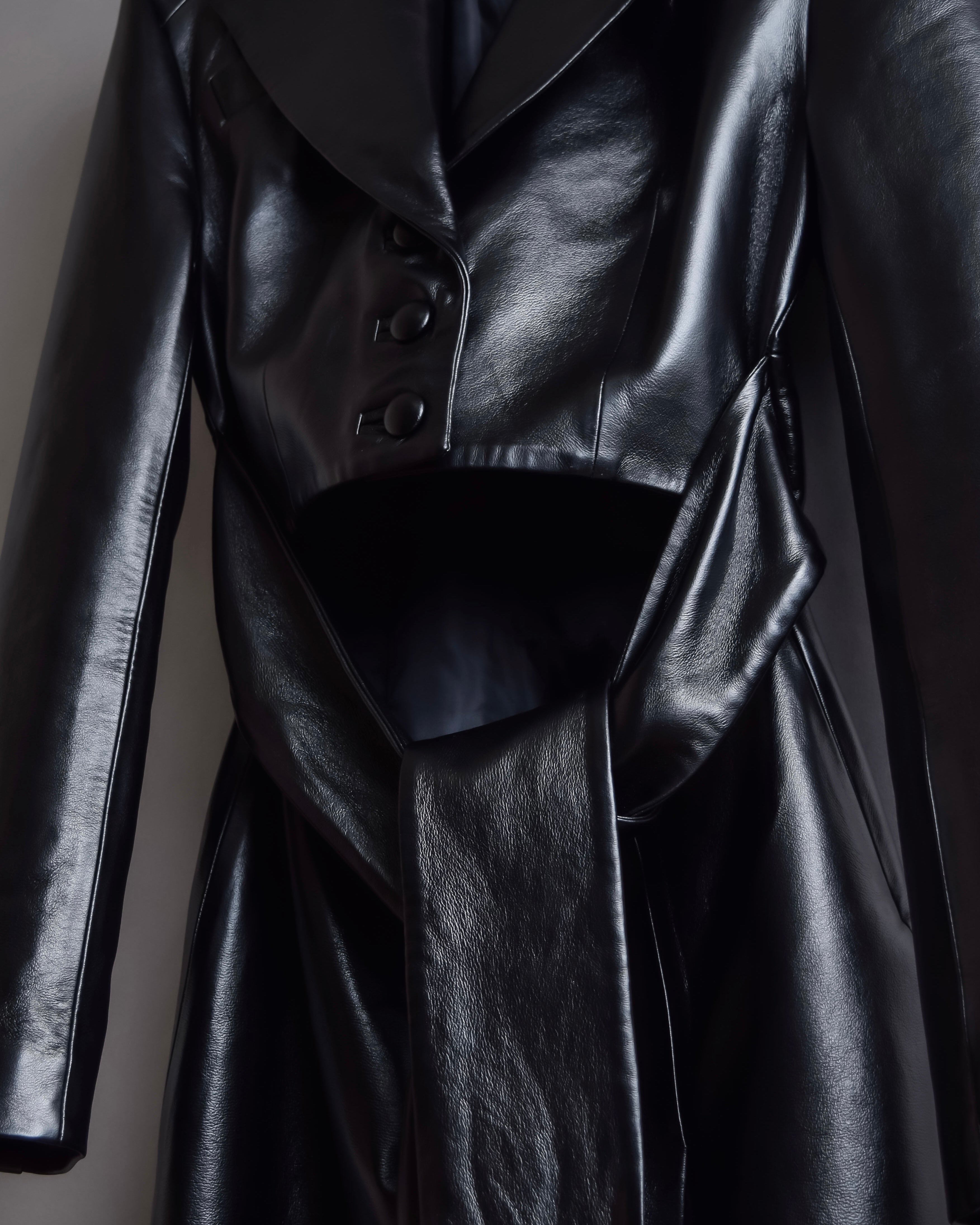 "MATÉRIEL TBILISI" Draped belted synthetic leather long jacket