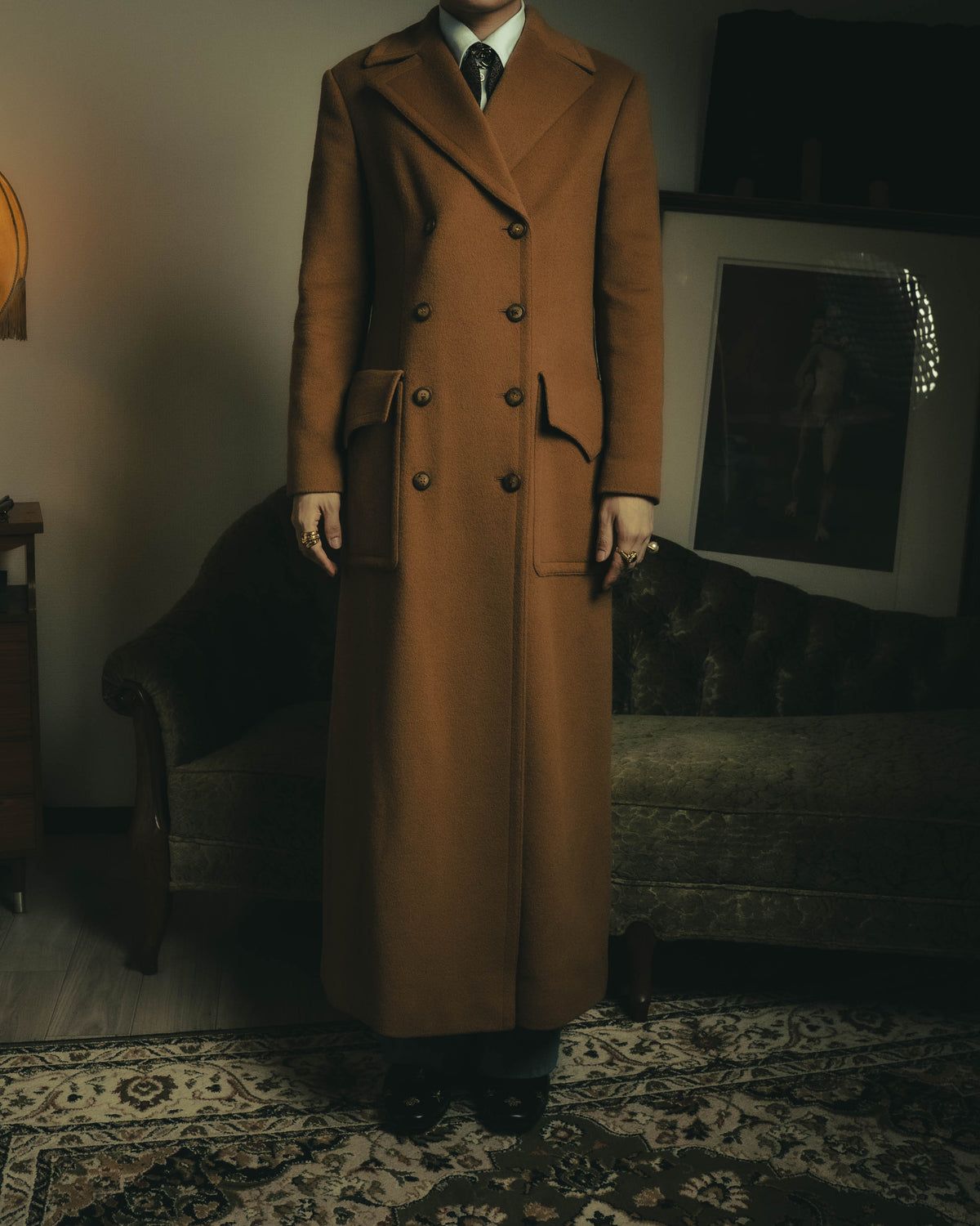 -SPECIAL- "Salvatore Ferragamo" 90's Double-breasted camel wool blend long coat