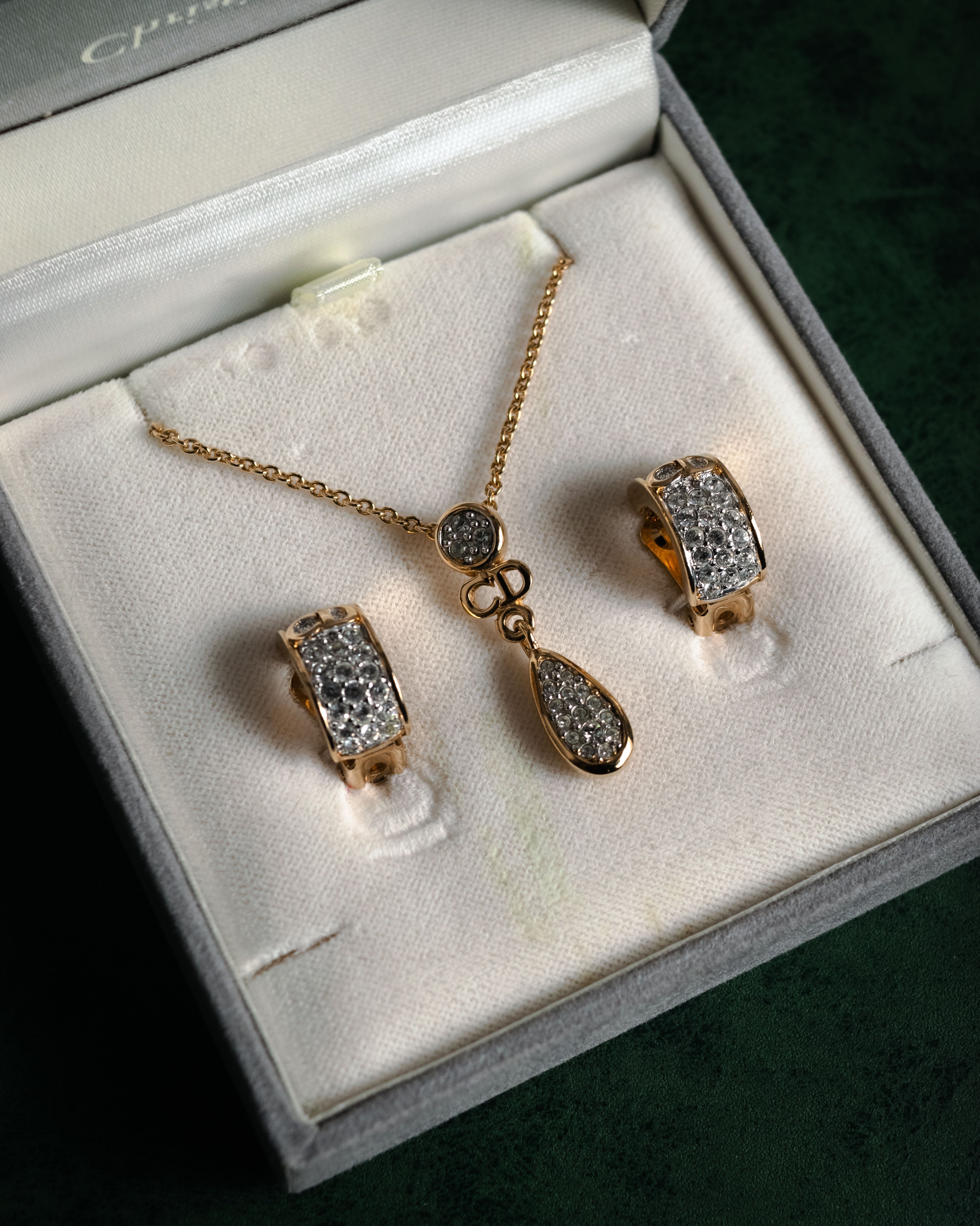 "Christian Dior" 00’s crystal pave cd drop necklace and earrings set