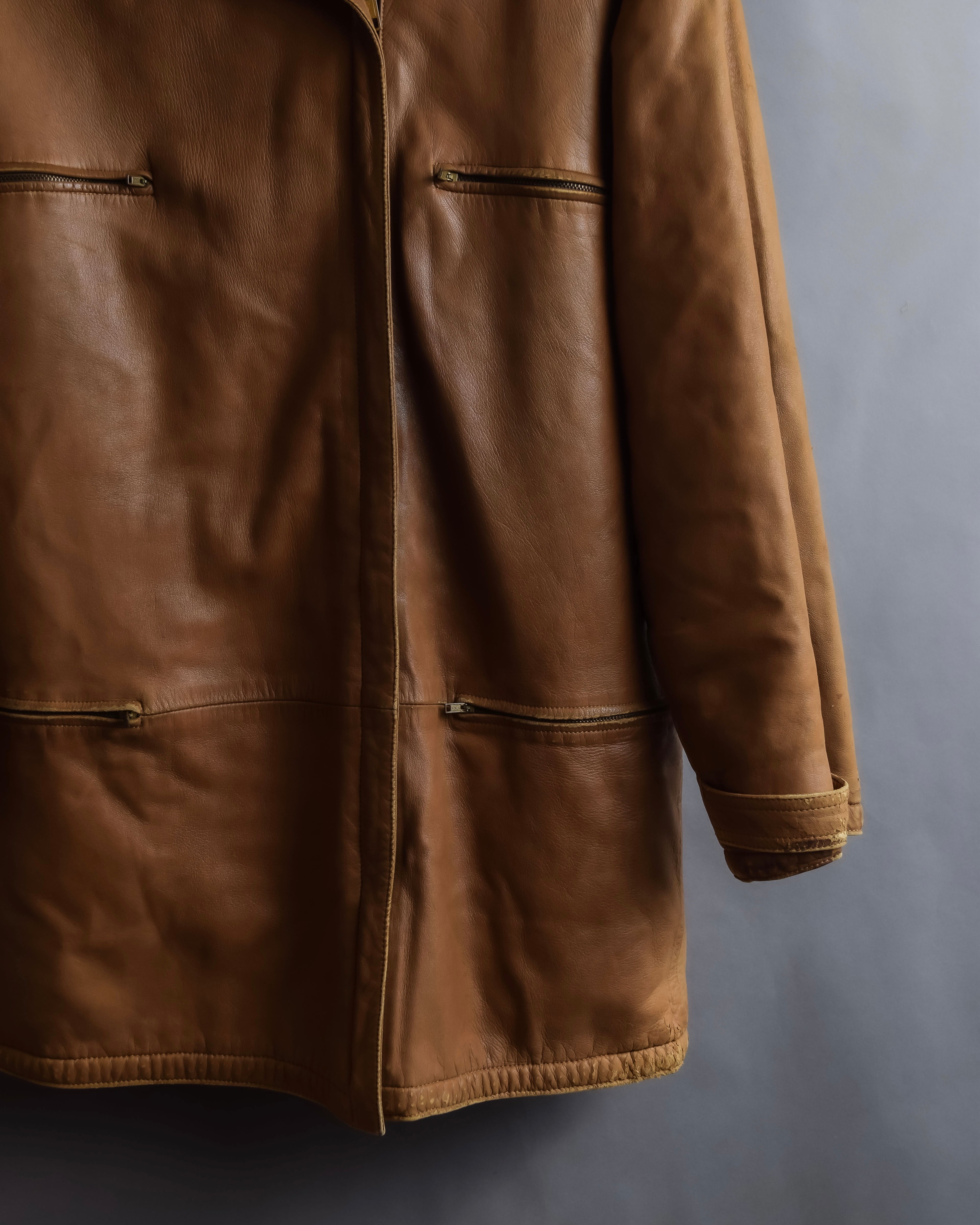 "LOEWE" 80-90's Vintage texture leather zip hoodie