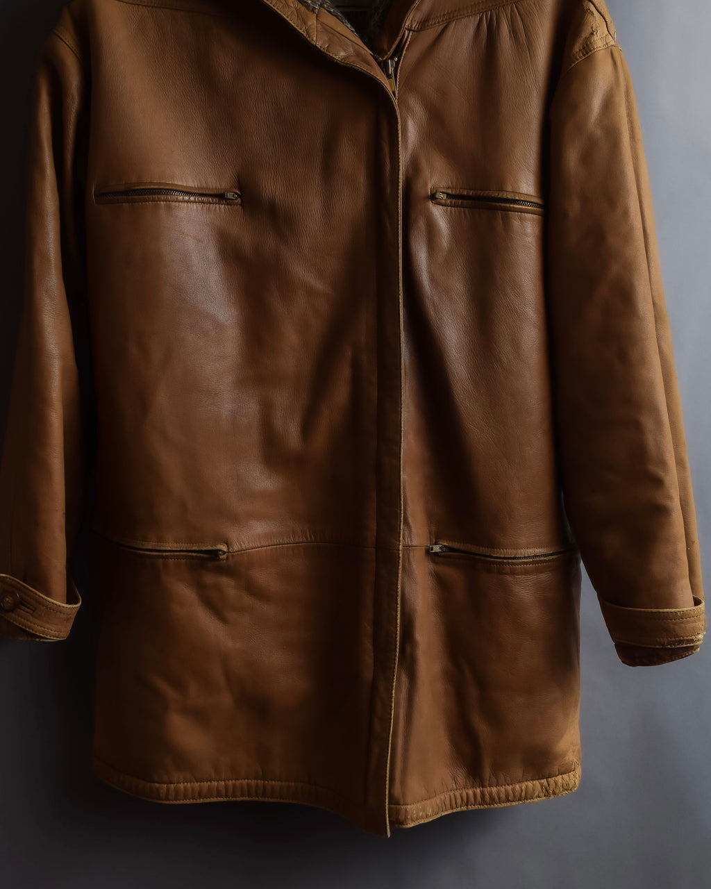 "LOEWE" 80-90's Vintage texture leather zip hoodie