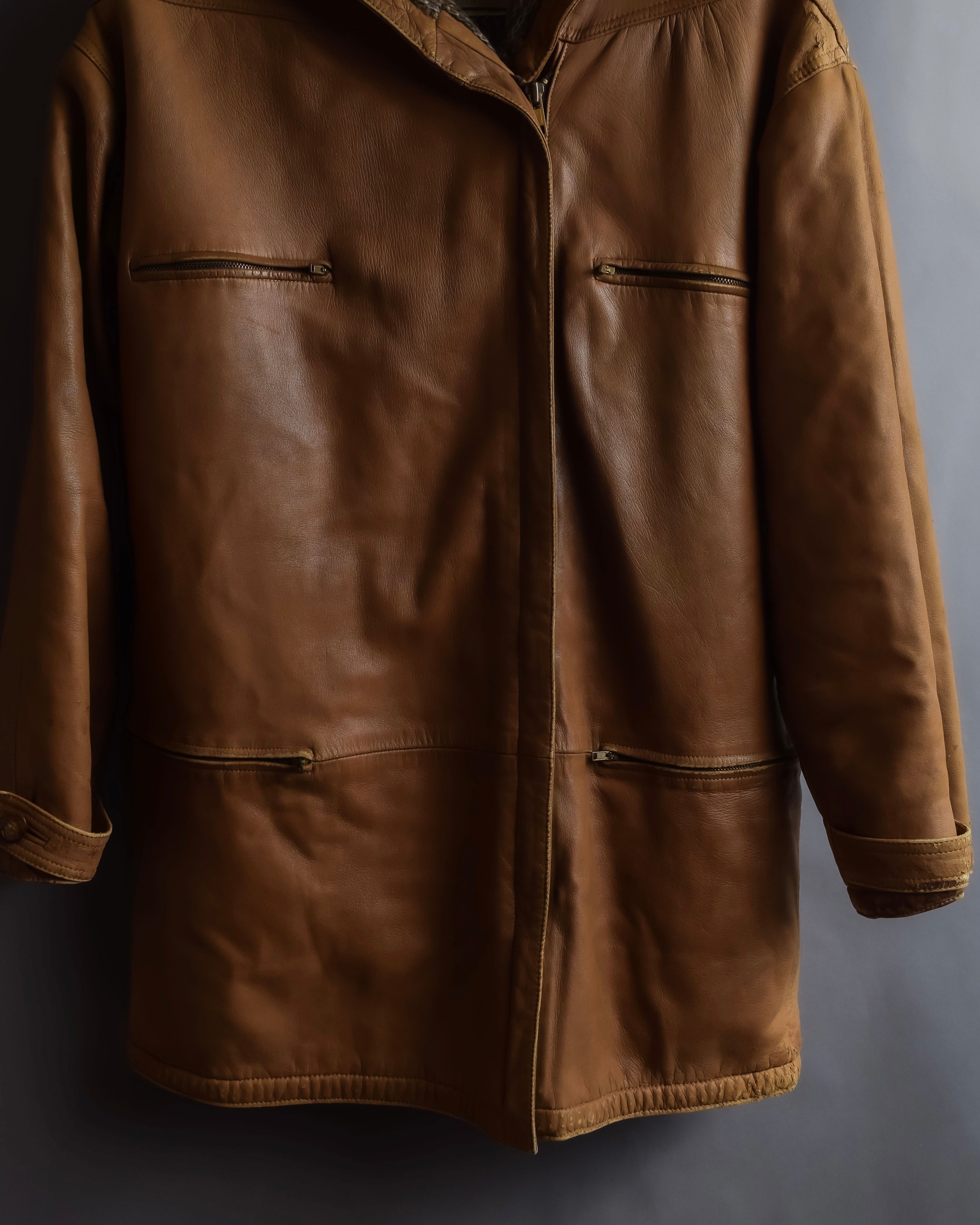 "LOEWE" 80-90's Vintage texture leather zip hoodie