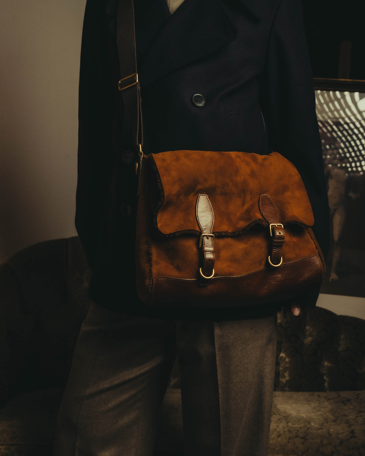 -SPECIAL- "Yves Saint Laurent" 00's Luxurious shearling double buckle messenger bag