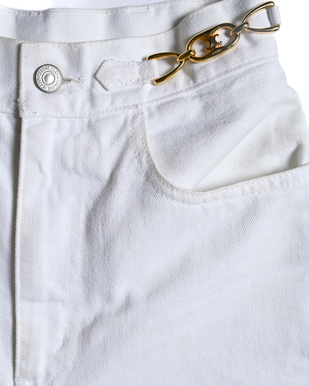 CELINE/ Triomphe Waist Designed Denim Shorts White