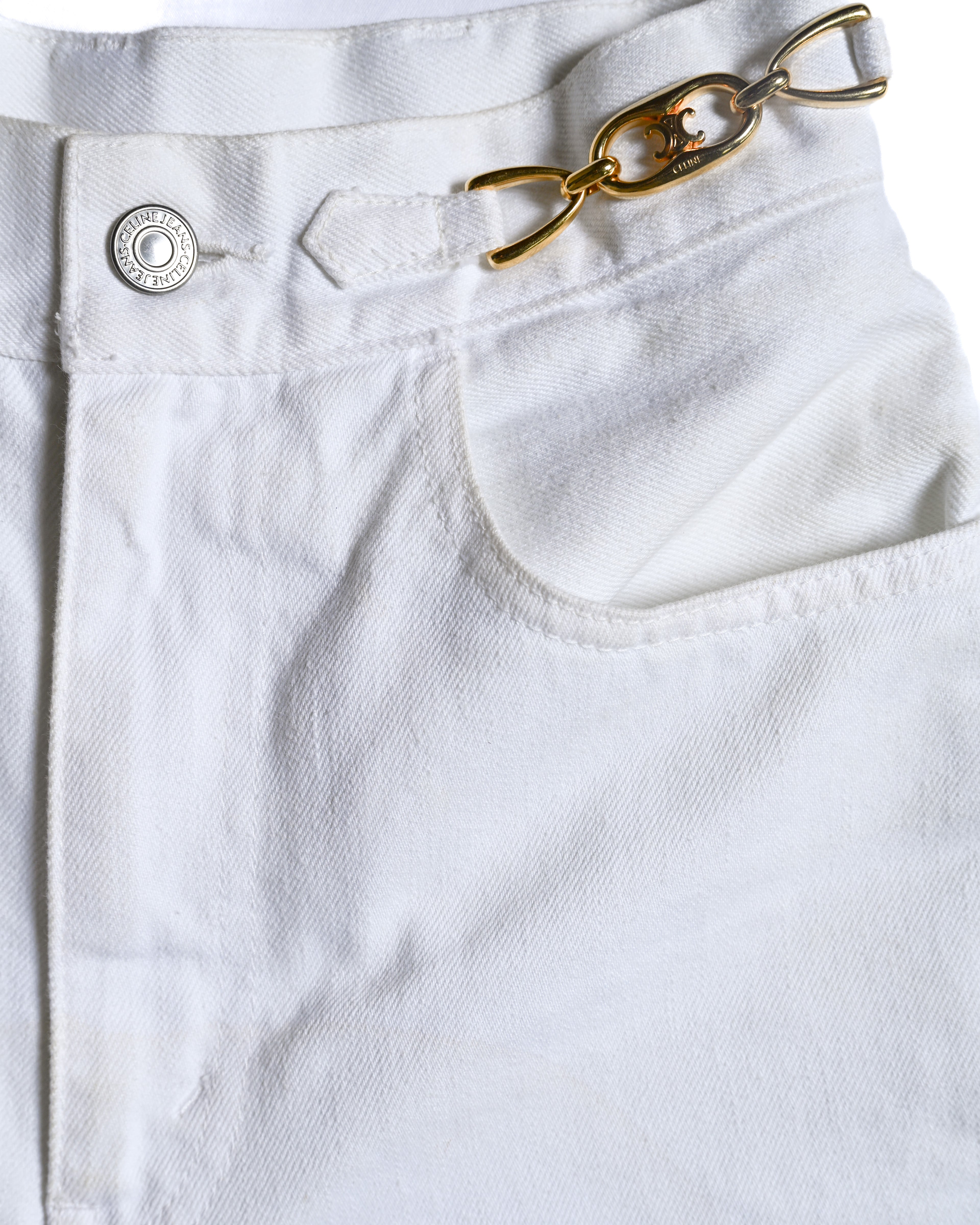CELINE/ Triomphe Waist Designed Denim Shorts White