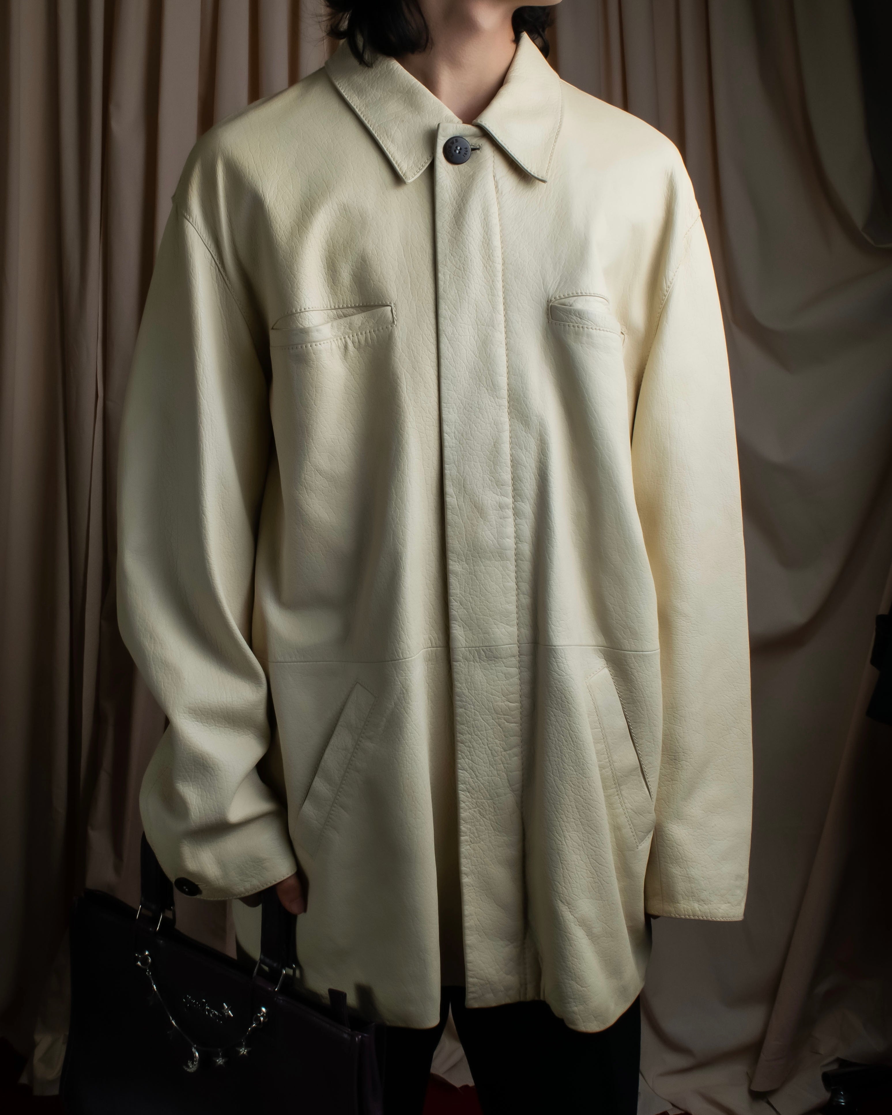 "LOEWE" 100% real leather off white color double zipper mid length coat