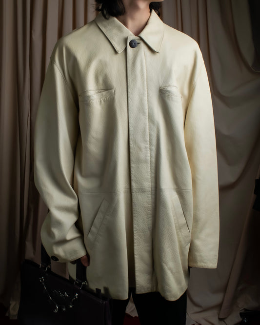 "LOEWE" 100% real leather off white color double zipper mid length coat