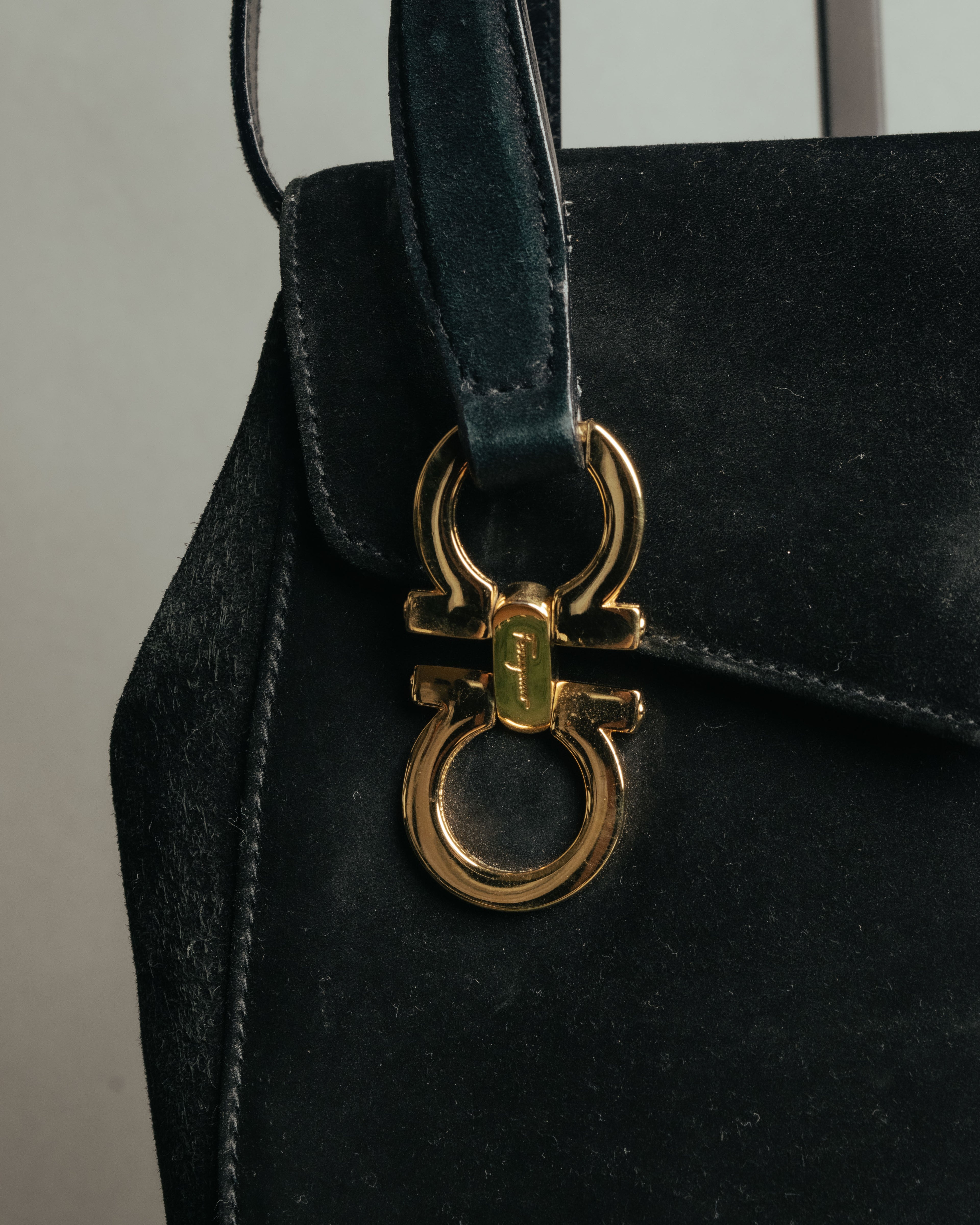“Salvatore Ferragamo” 1995 Double gancini suede leather handbag