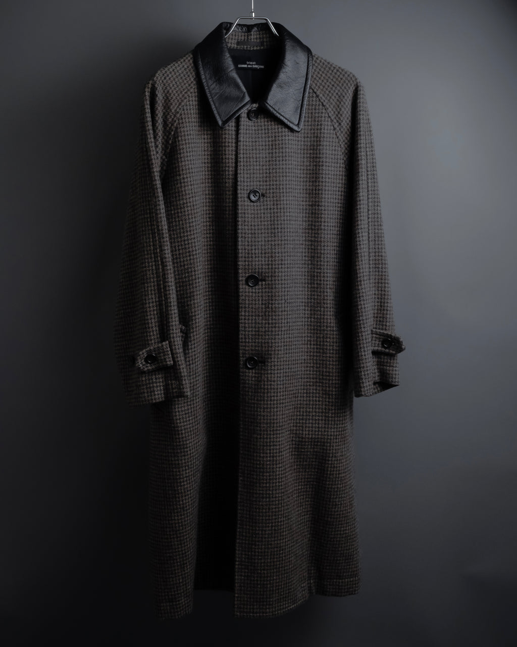 "tricot COMME des GARCONS" Leather collar design houndstooth pattern oversized long coat