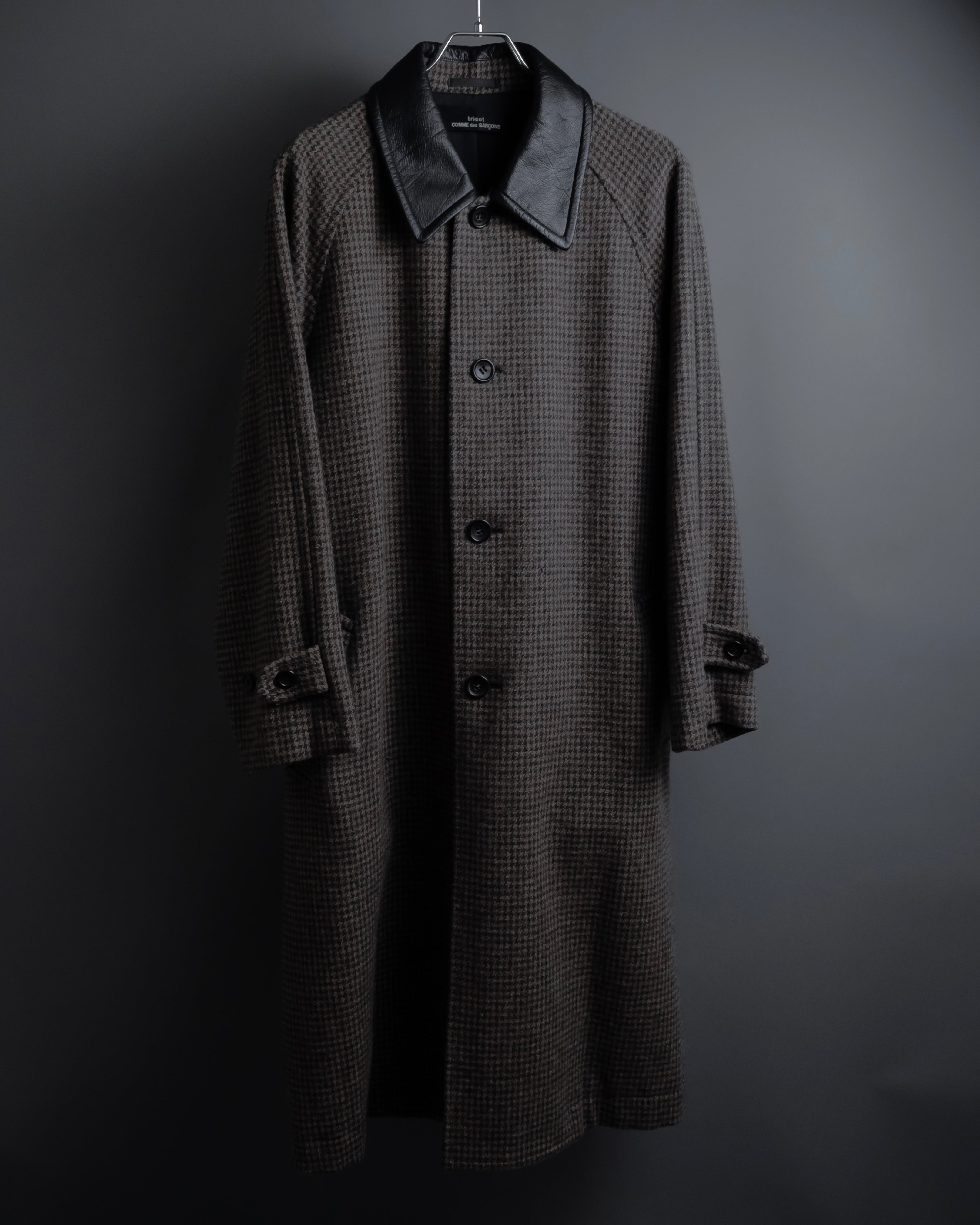 "tricot COMME des GARCONS" Leather collar design houndstooth pattern oversized long coat