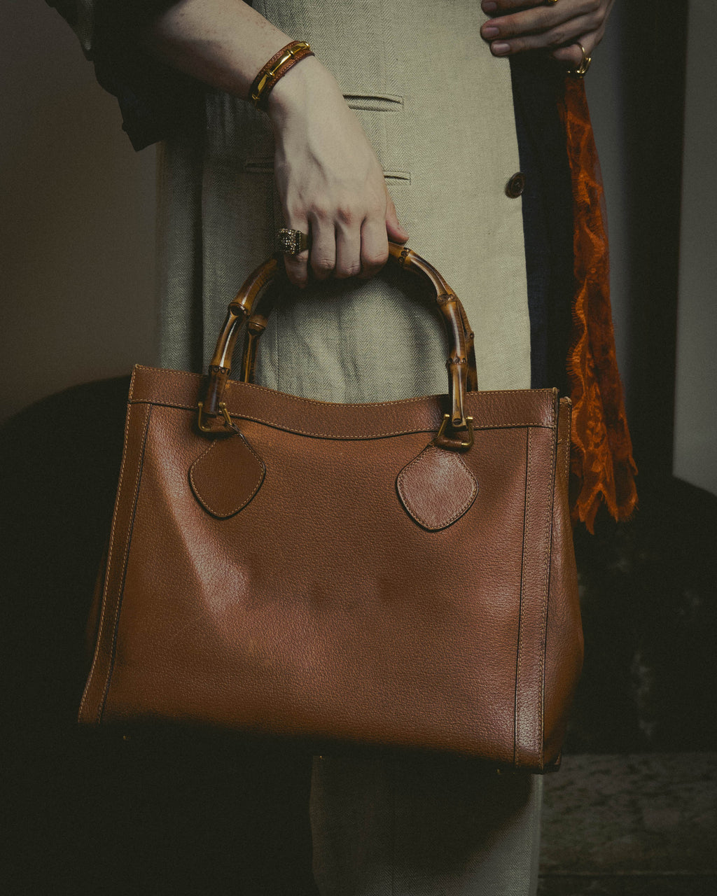 "GUCCI" 80's-90's Bamboo handle leather tote bag