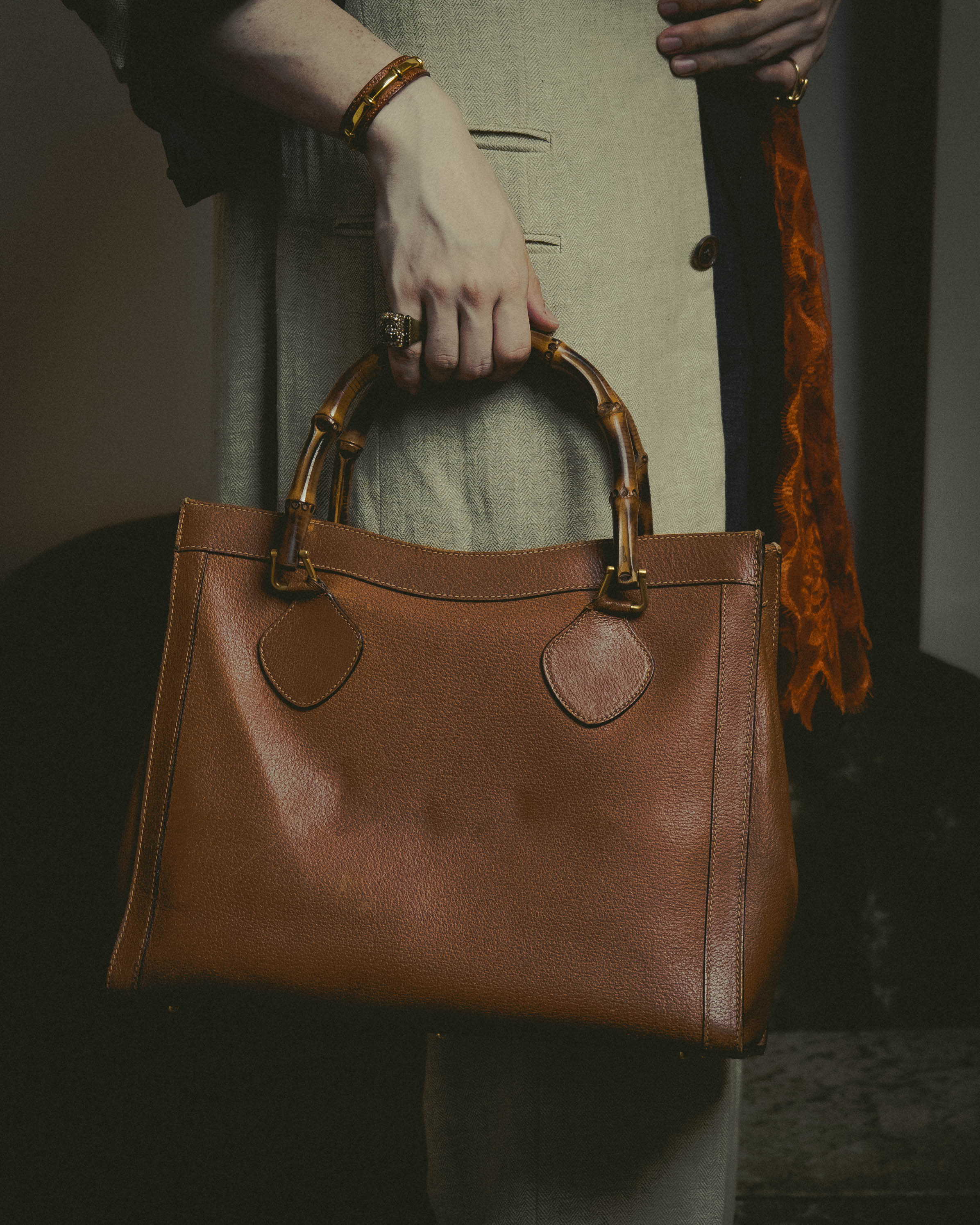 "GUCCI" 80's-90's Bamboo handle leather tote bag