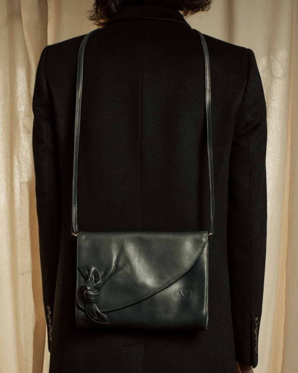 "Valentino Garavani" 80's Knot detail logo engraved dark green leather bag