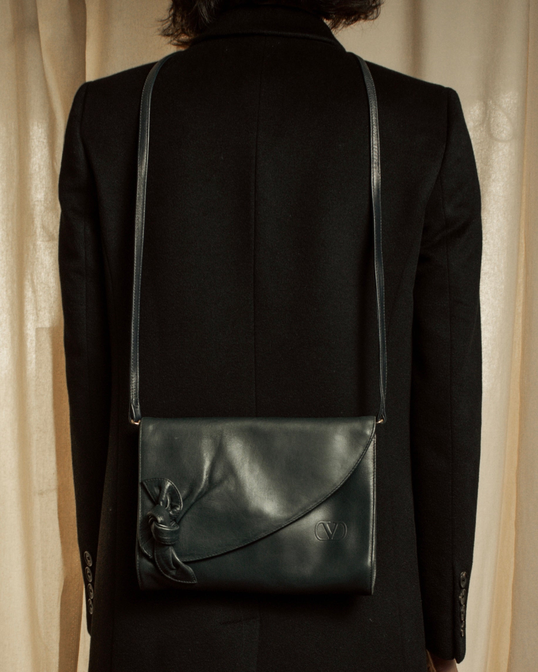 "Valentino Garavani" 80's Knot detail logo engraved dark green leather bag