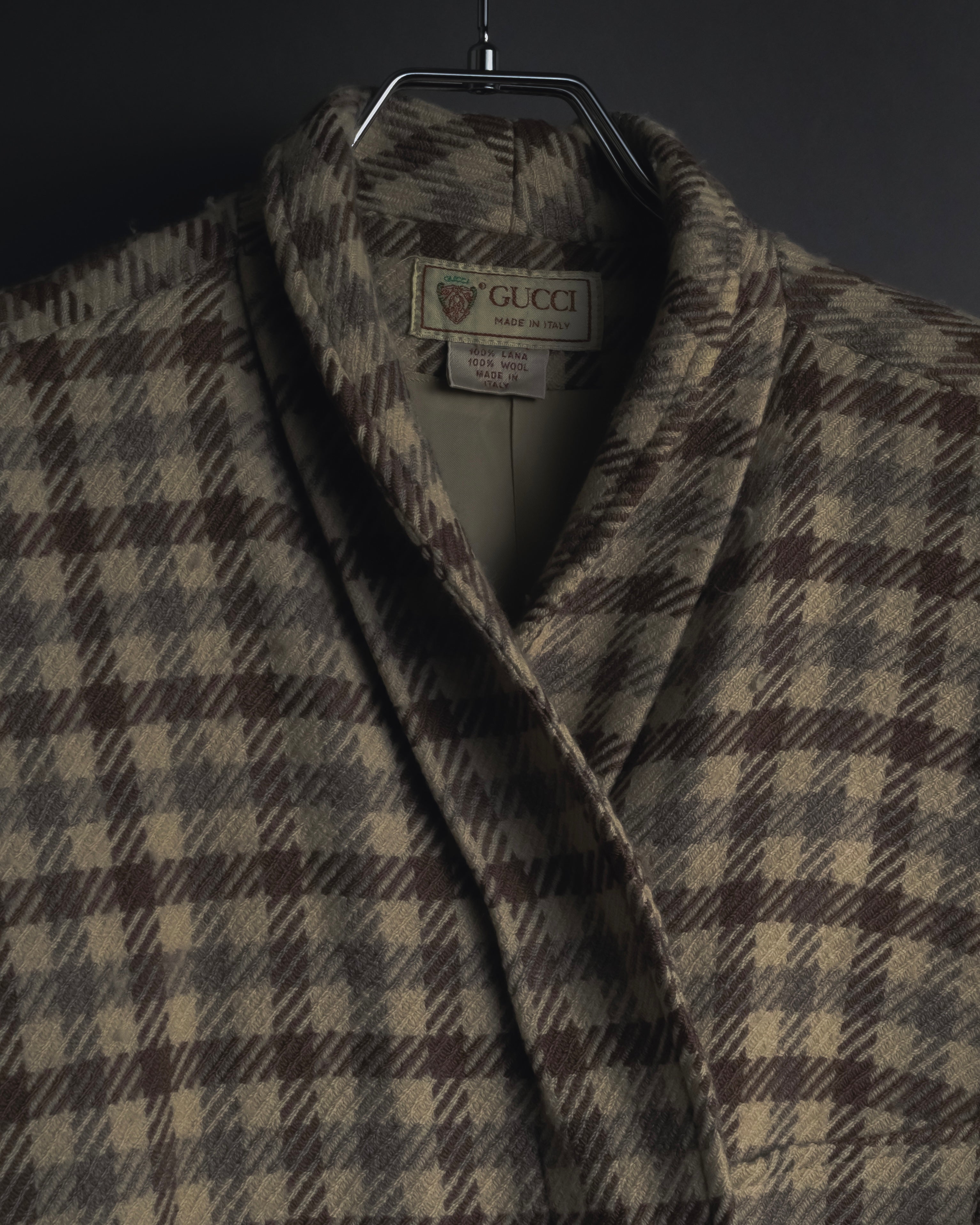 "GUCCI" 80’s checked wool shawl collar jacket