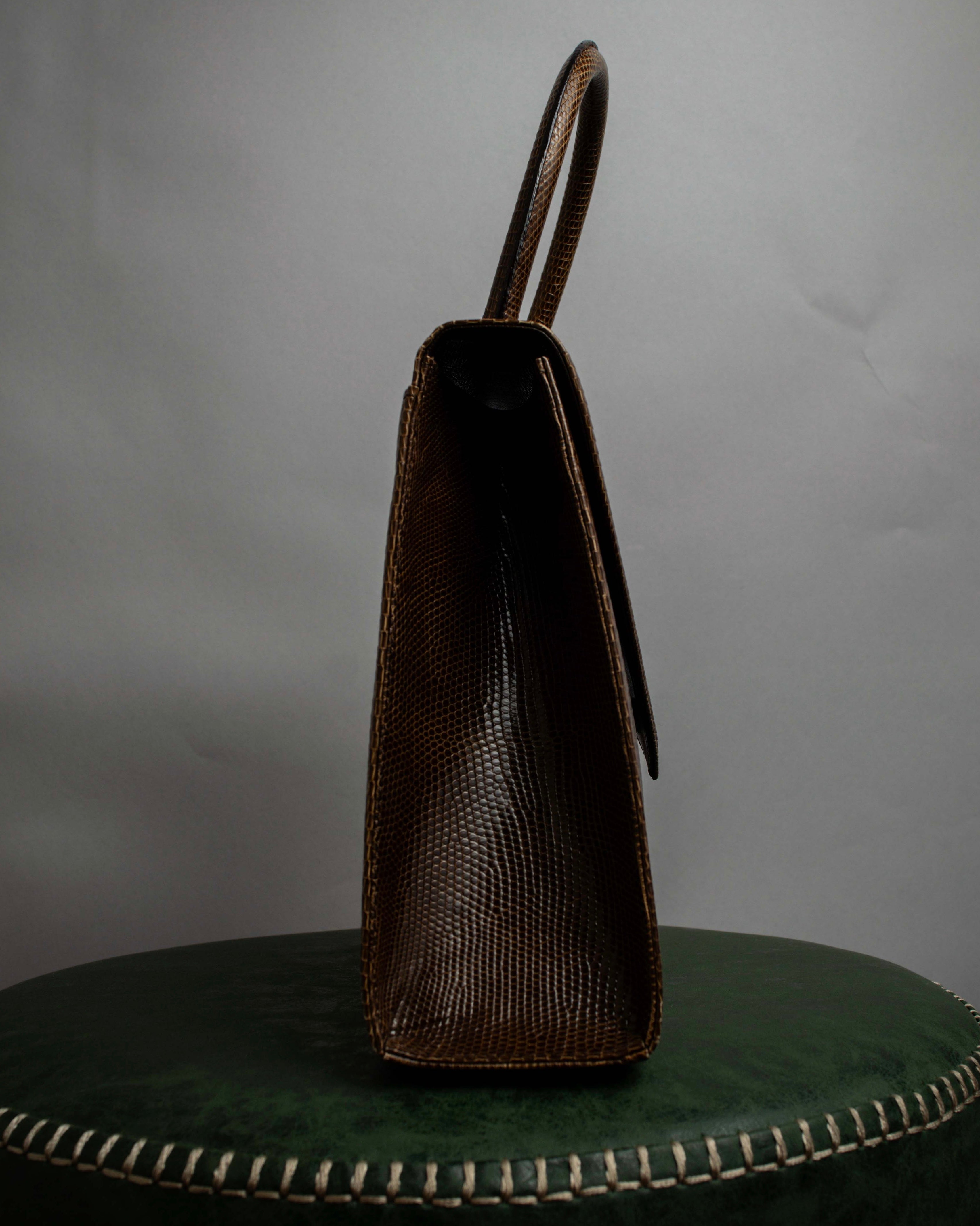 "YVES SAINT LAURENT" Flap design lizard embossed leather hand bag