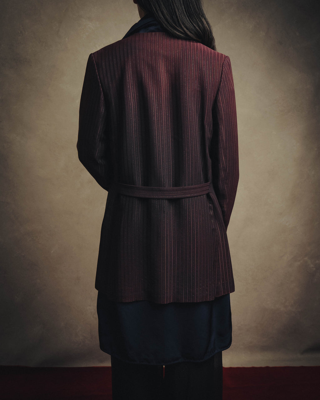 -SPECIAL- “Yves Saint Laurent“ 80's-90's Swiss fabric lurex stripe collarless long jacket