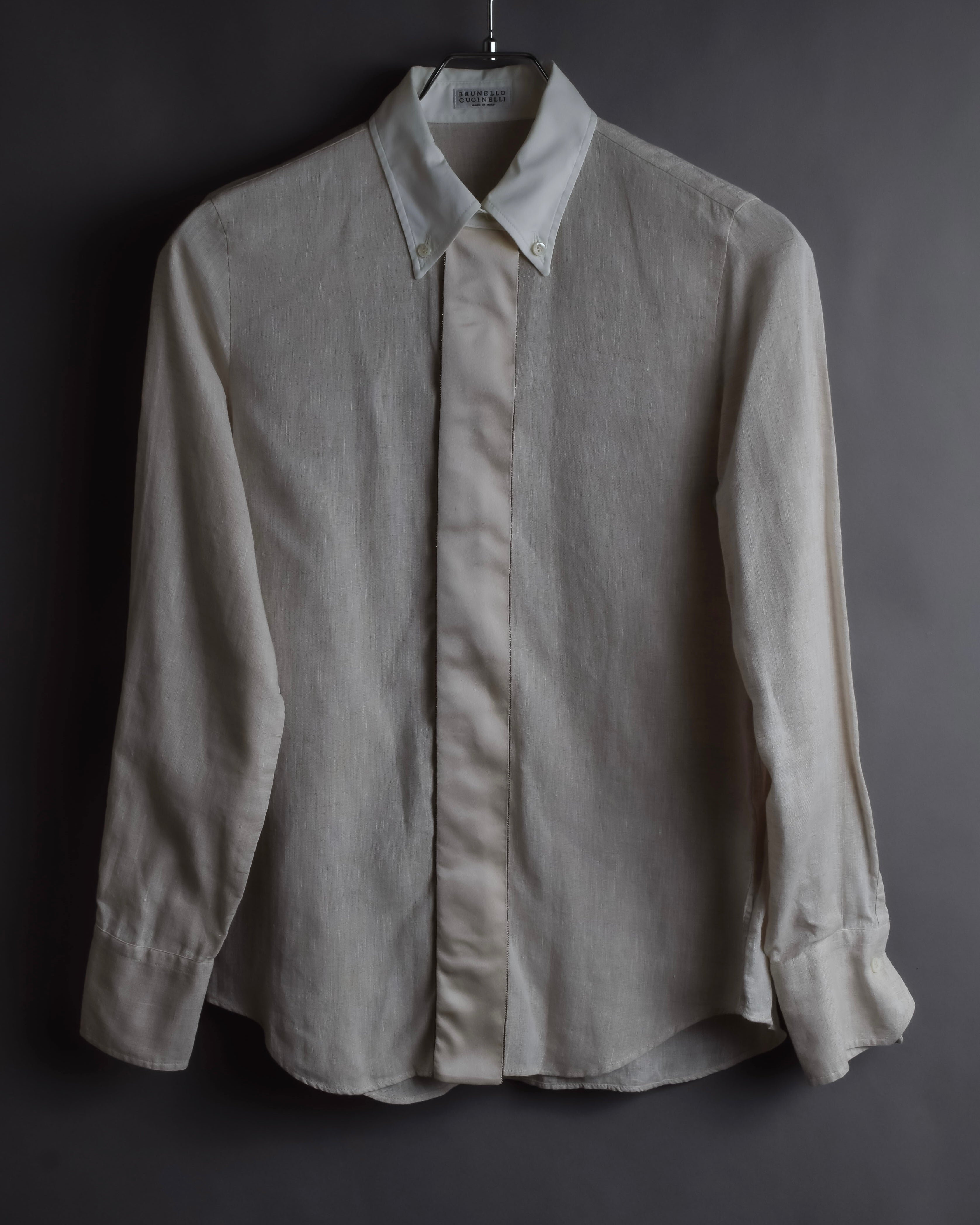 "BRUNELLO CUCINELLI" Contrast collar hidden placket linen shirt