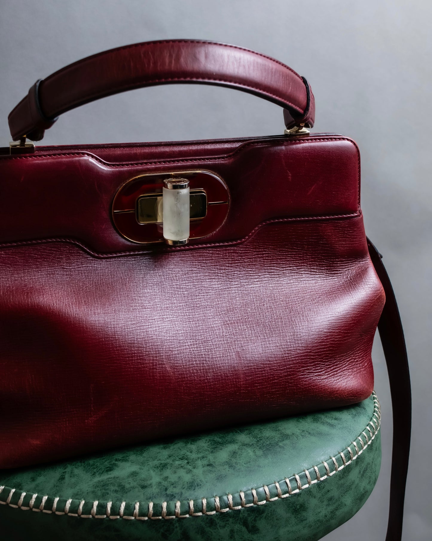 "BVLGARI" Marble motif burgundy color leather shoulder bag