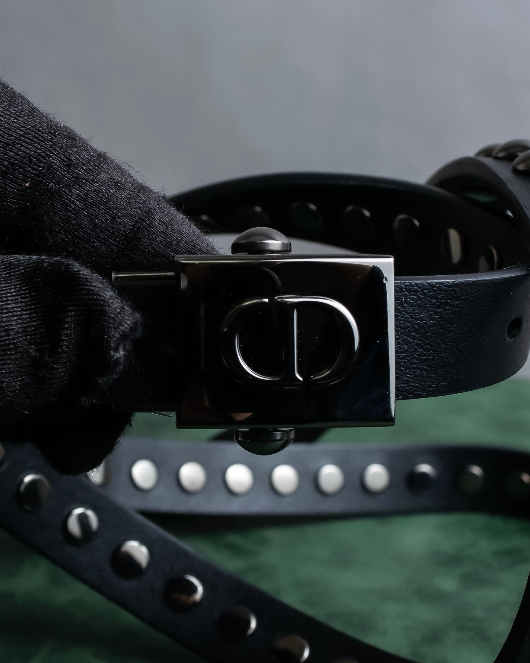 "Christian Dior" Silver stud detail narrow leather belt