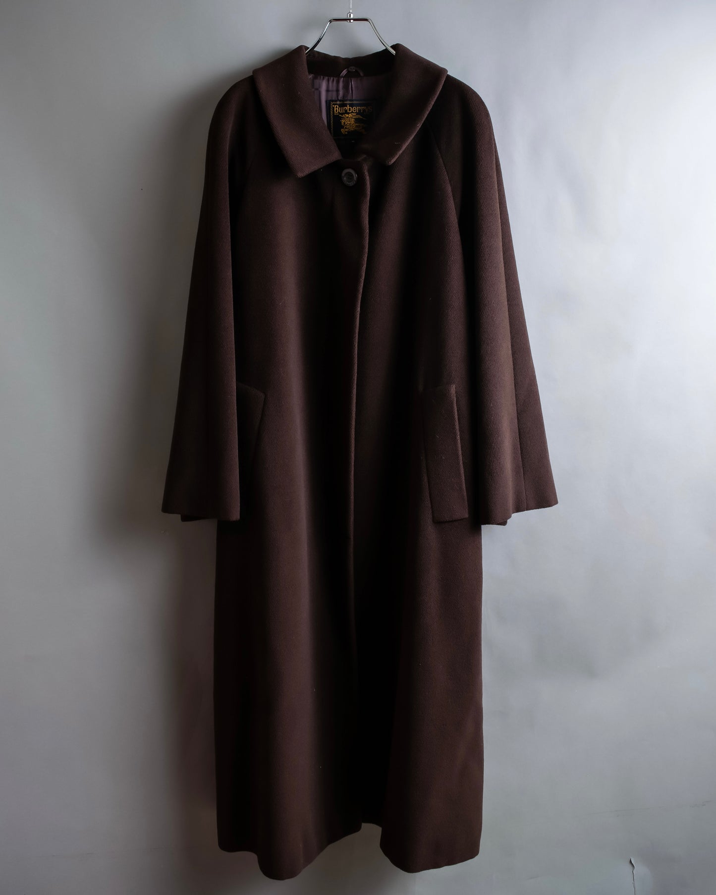 "BURBERRYS" Fly front deep brown soutien collar super long coat