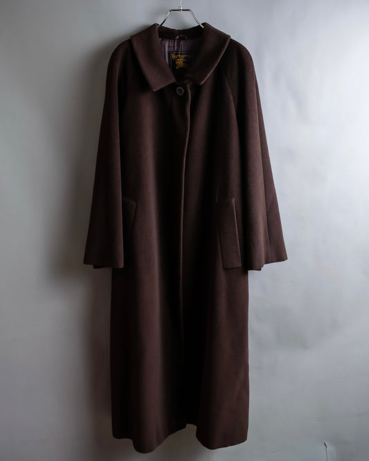 "BURBERRYS" Fly front deep brown soutien collar super long coat