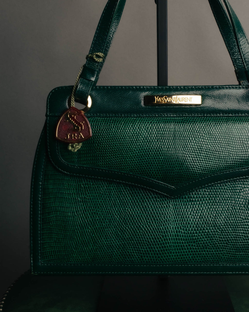 -SPECIAL- "Yves Saint Laurent" 80's-90's Glossy green exotic leather shoulder handbag