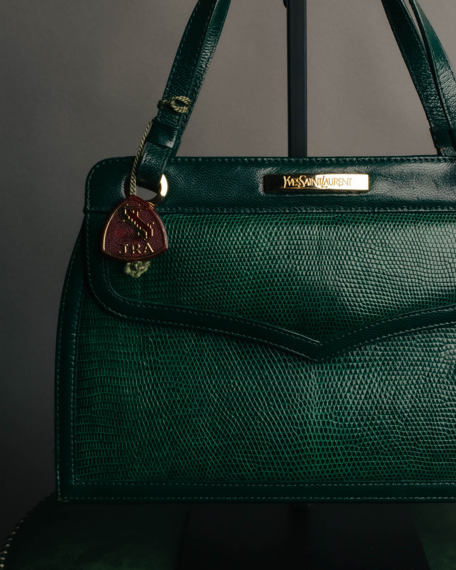-SPECIAL- "Yves Saint Laurent" 80's-90's Glossy green exotic leather shoulder handbag