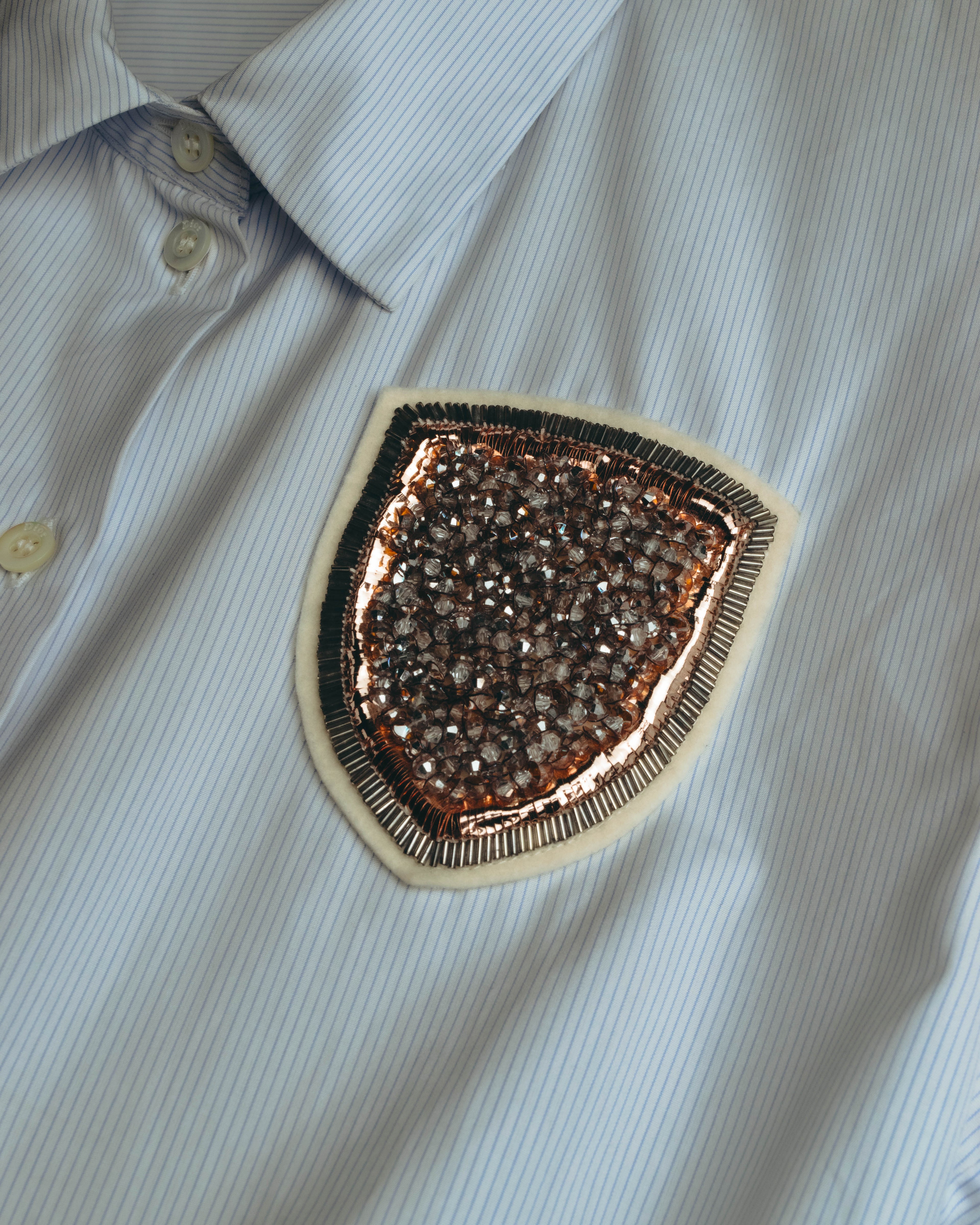 -SPECIAL- "Christian Dior" 00's-10's Embellished shield crest striped ruched sleeve shirt