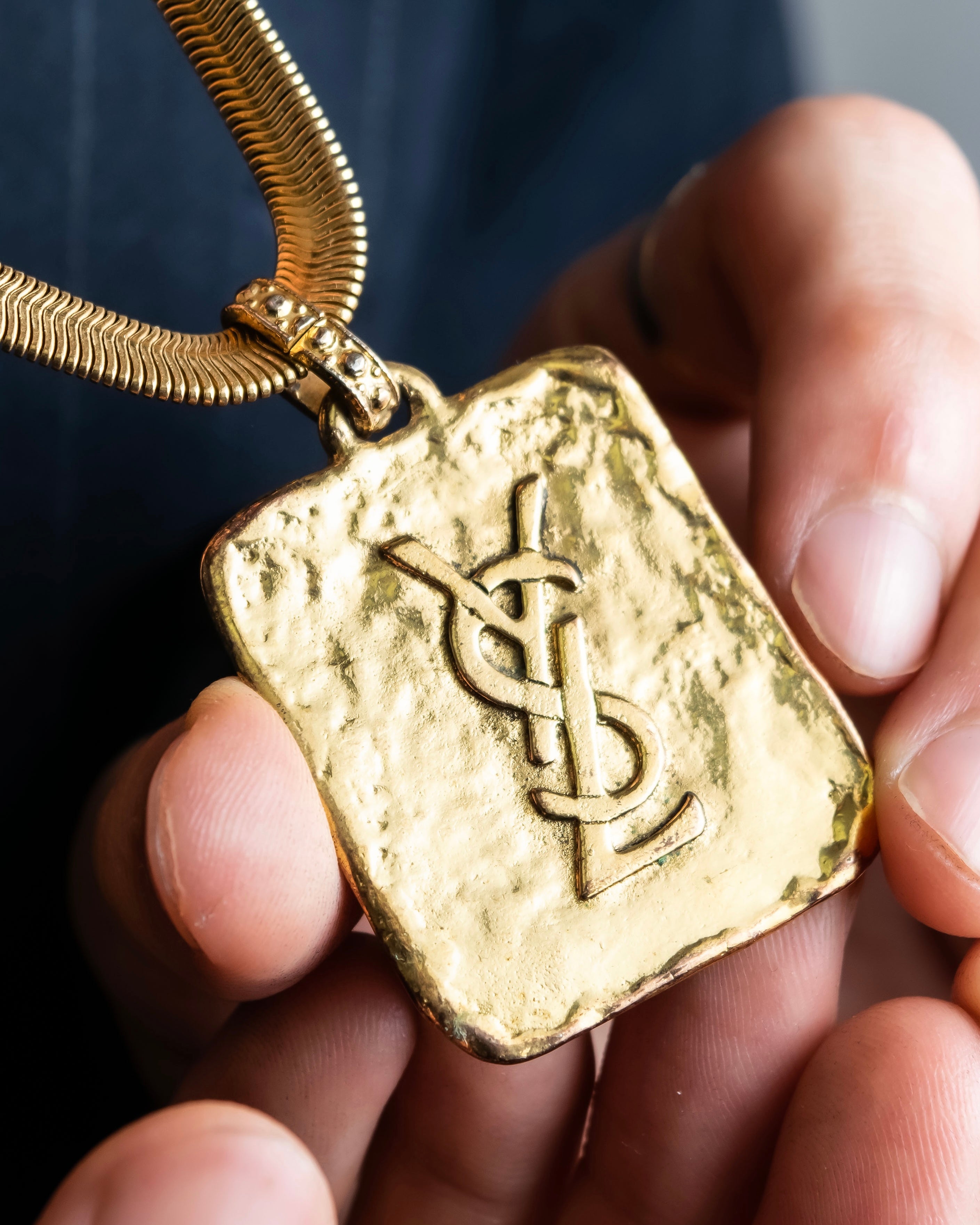 "Yves Saint Laurent" YSL logo plate gold necklace