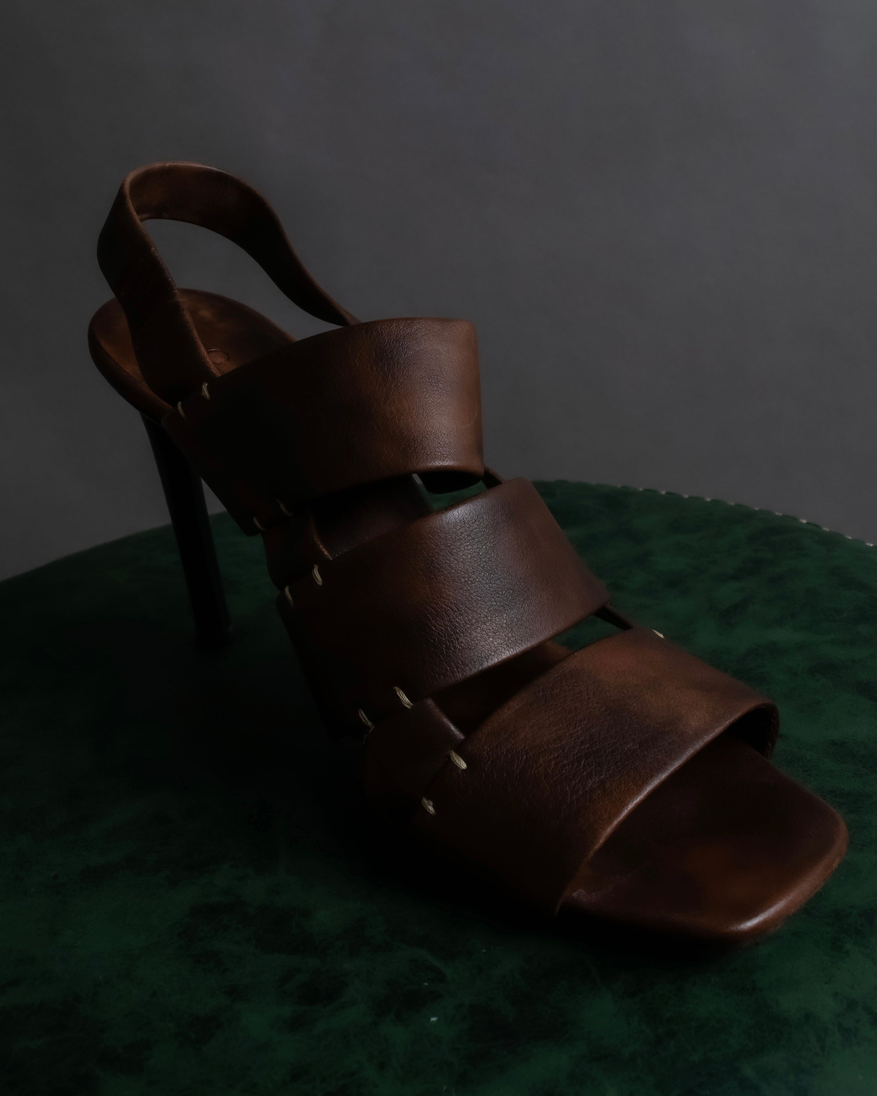 "CELINE" Layered belt detail leather heel sandals