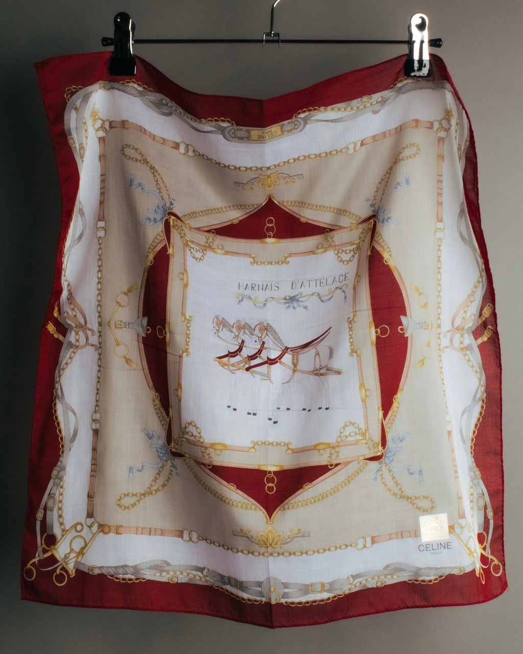 "CELINE" 90's-00's Vintage equestrian harness motif cotton handkerchief scarf